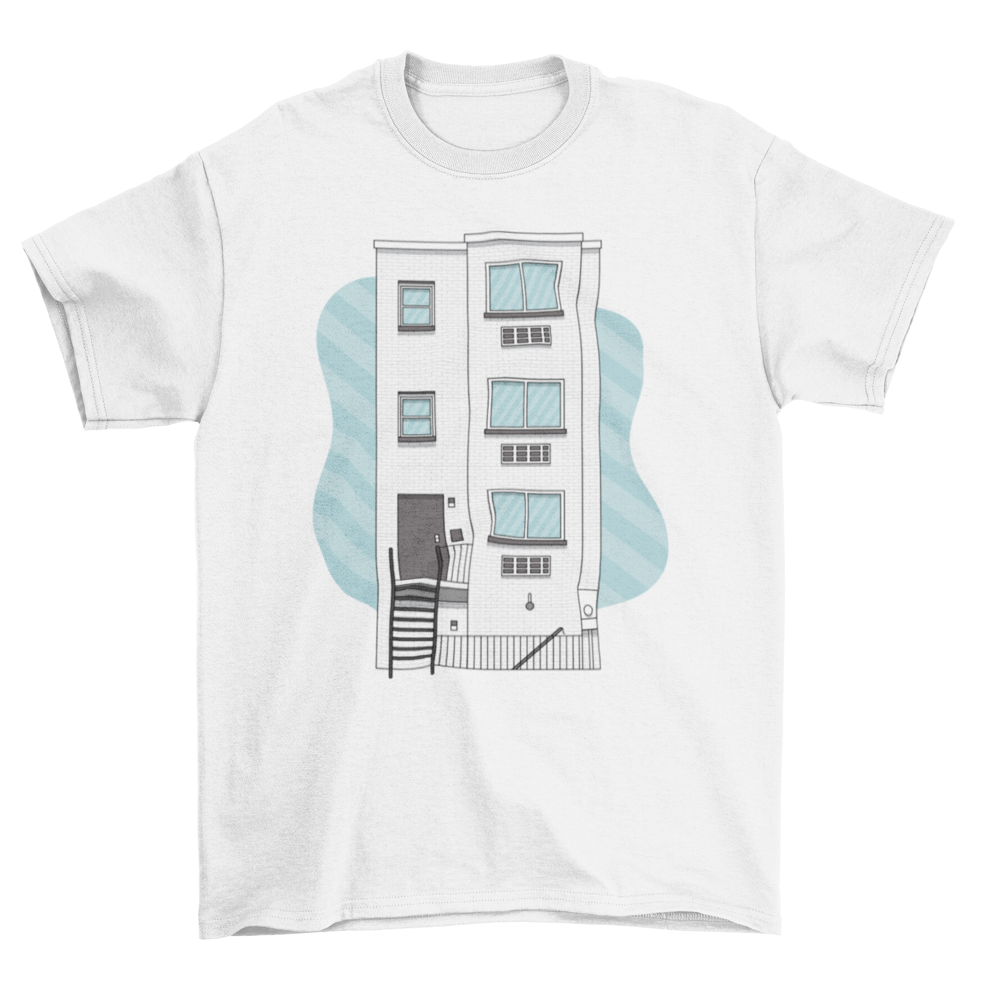 Frat building t-shirt featuring a colorful illustration of a three-story frat house, perfect for college students.