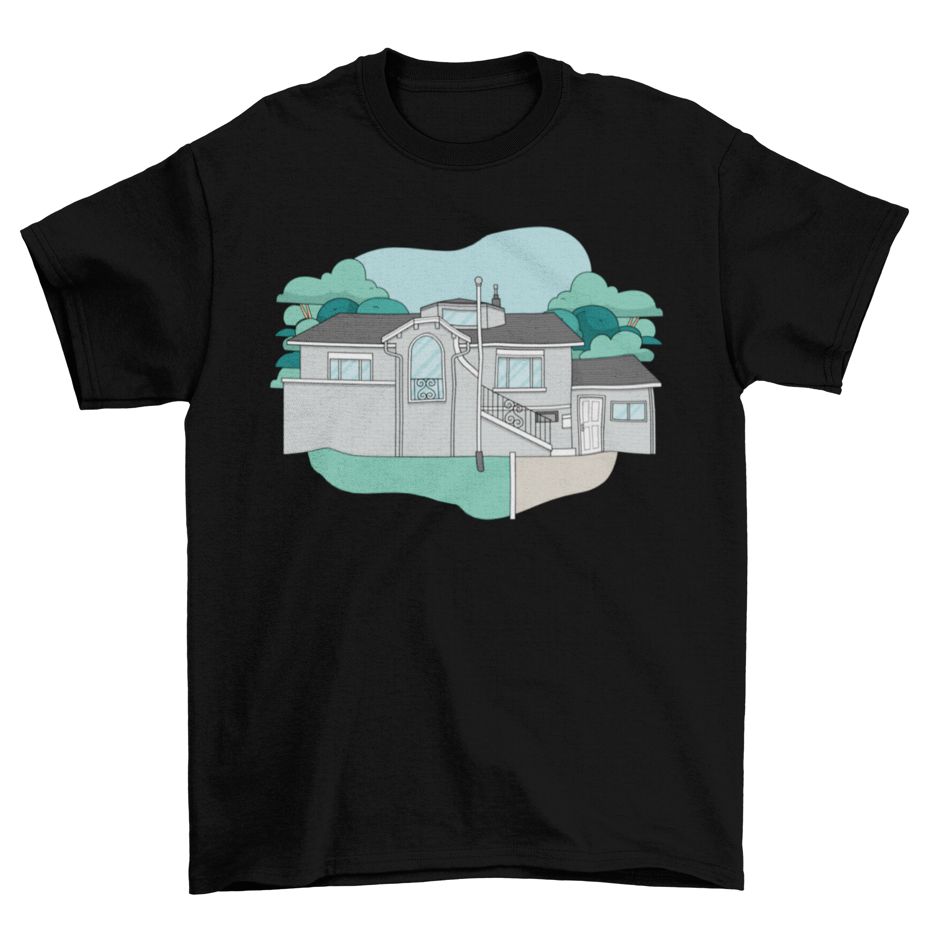 Frat house t-shirt featuring a modern house design, perfect for college students.