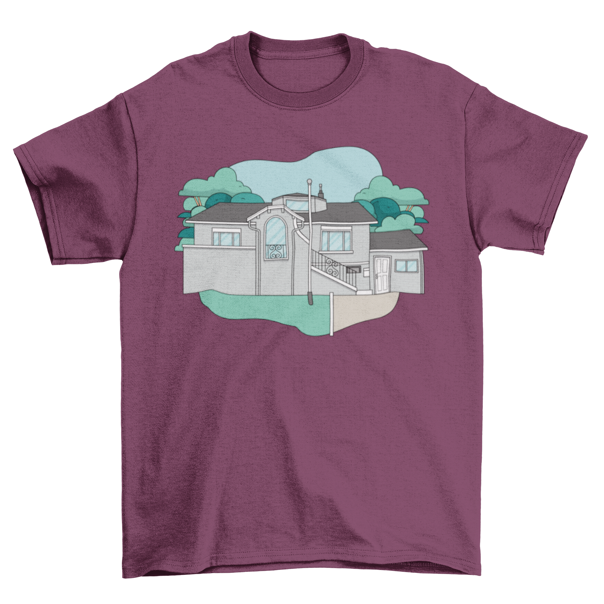 Frat house t-shirt featuring a modern house design, perfect for college students.