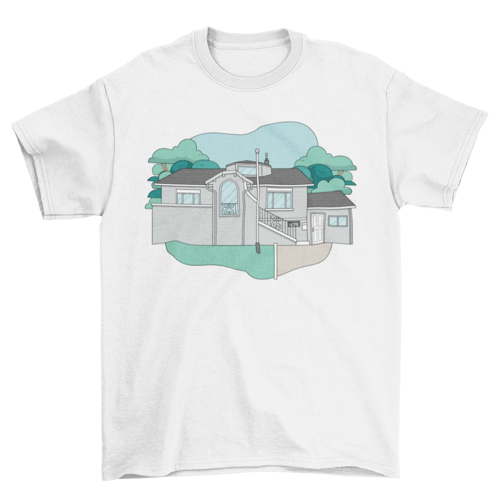 Frat house t-shirt featuring a modern house design, perfect for college students.