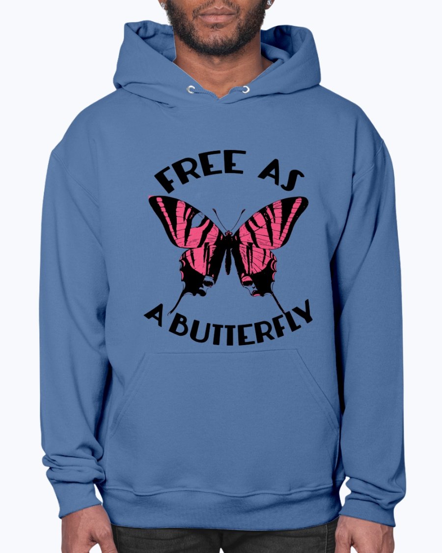 A stylish unisex hoodie featuring a butterfly design, made from soft preshrunk fleece, perfect for animal lovers.