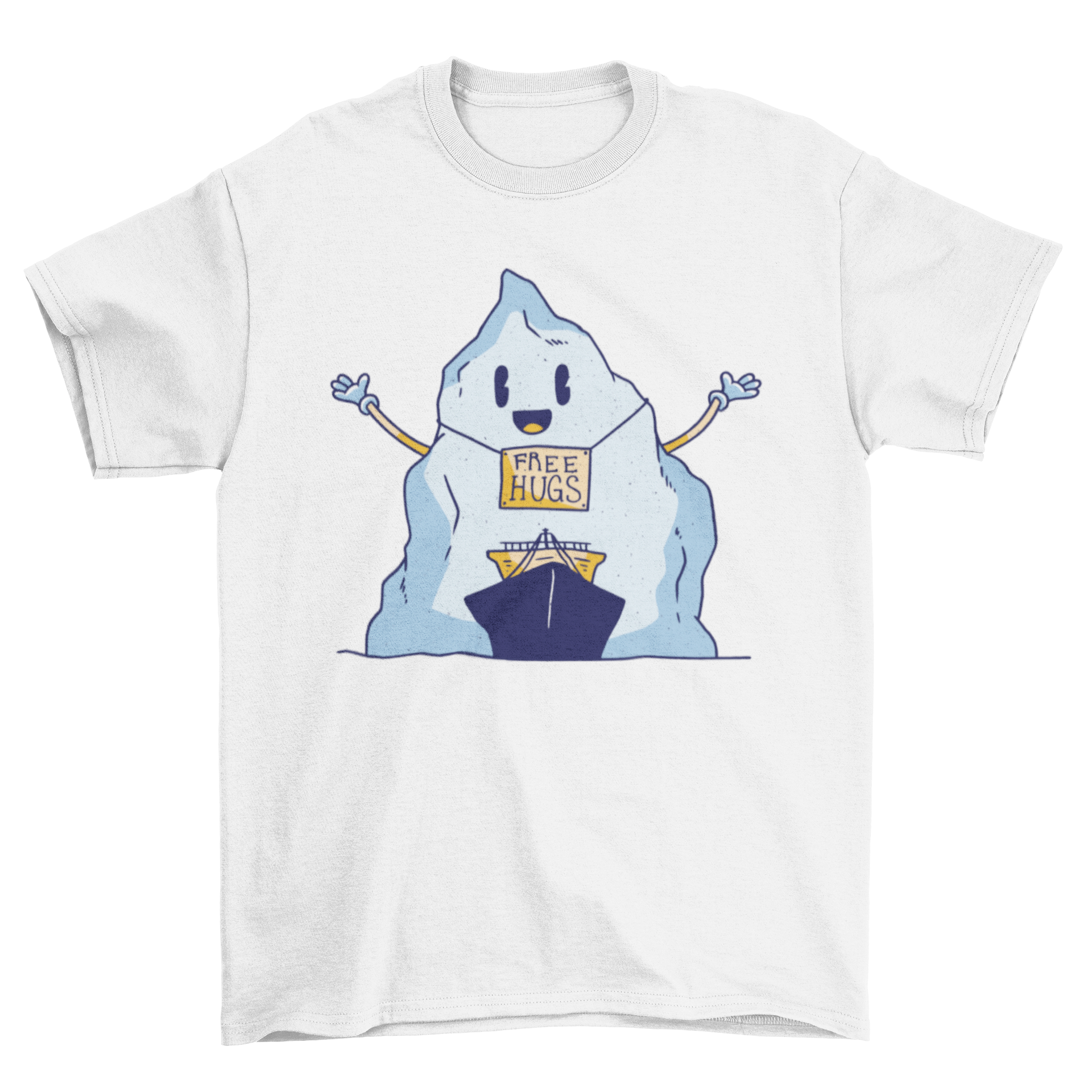 A humorous t-shirt featuring a cartoon iceberg and ship with a sign that says 'Free Hugs', perfect for casual wear.