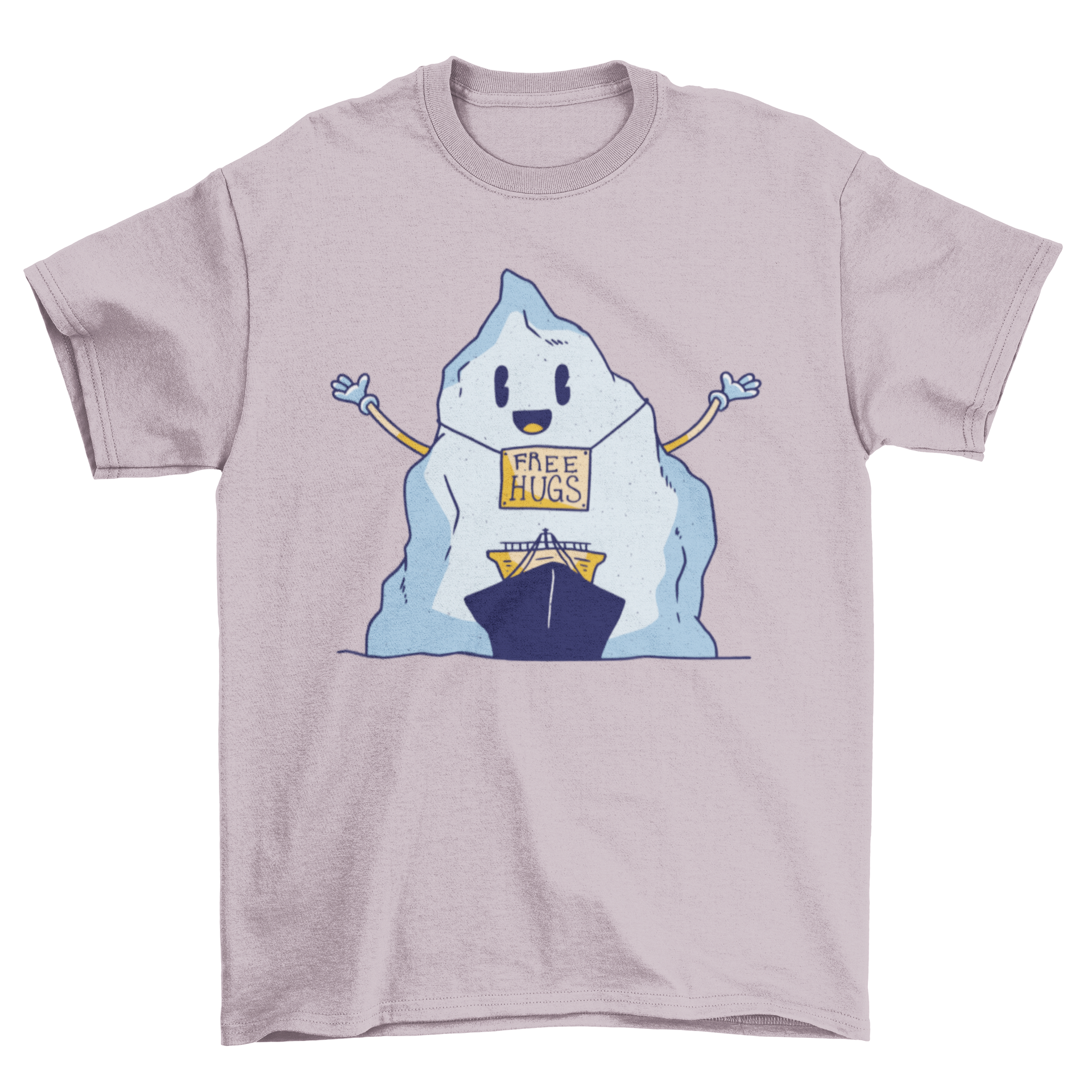 A humorous t-shirt featuring a cartoon iceberg and ship with a sign that says 'Free Hugs', perfect for casual wear.