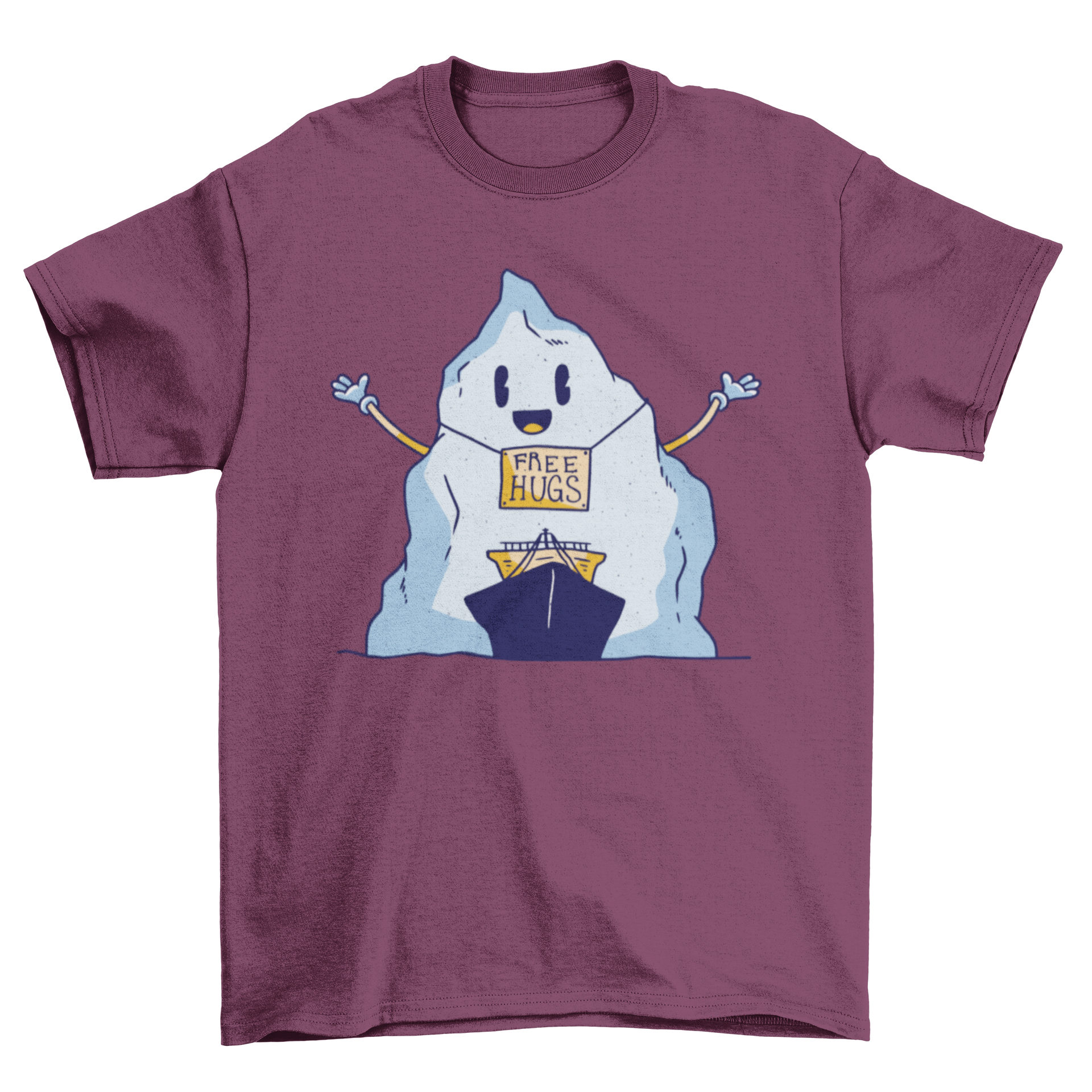 A humorous t-shirt featuring a cartoon iceberg and ship with a sign that says 'Free Hugs', perfect for casual wear.