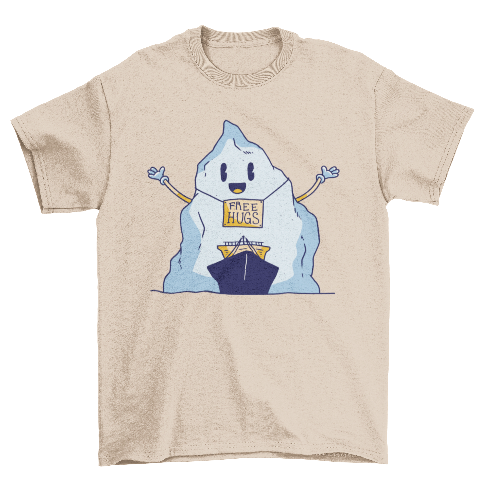 A humorous t-shirt featuring a cartoon iceberg and ship with a sign that says 'Free Hugs', perfect for casual wear.