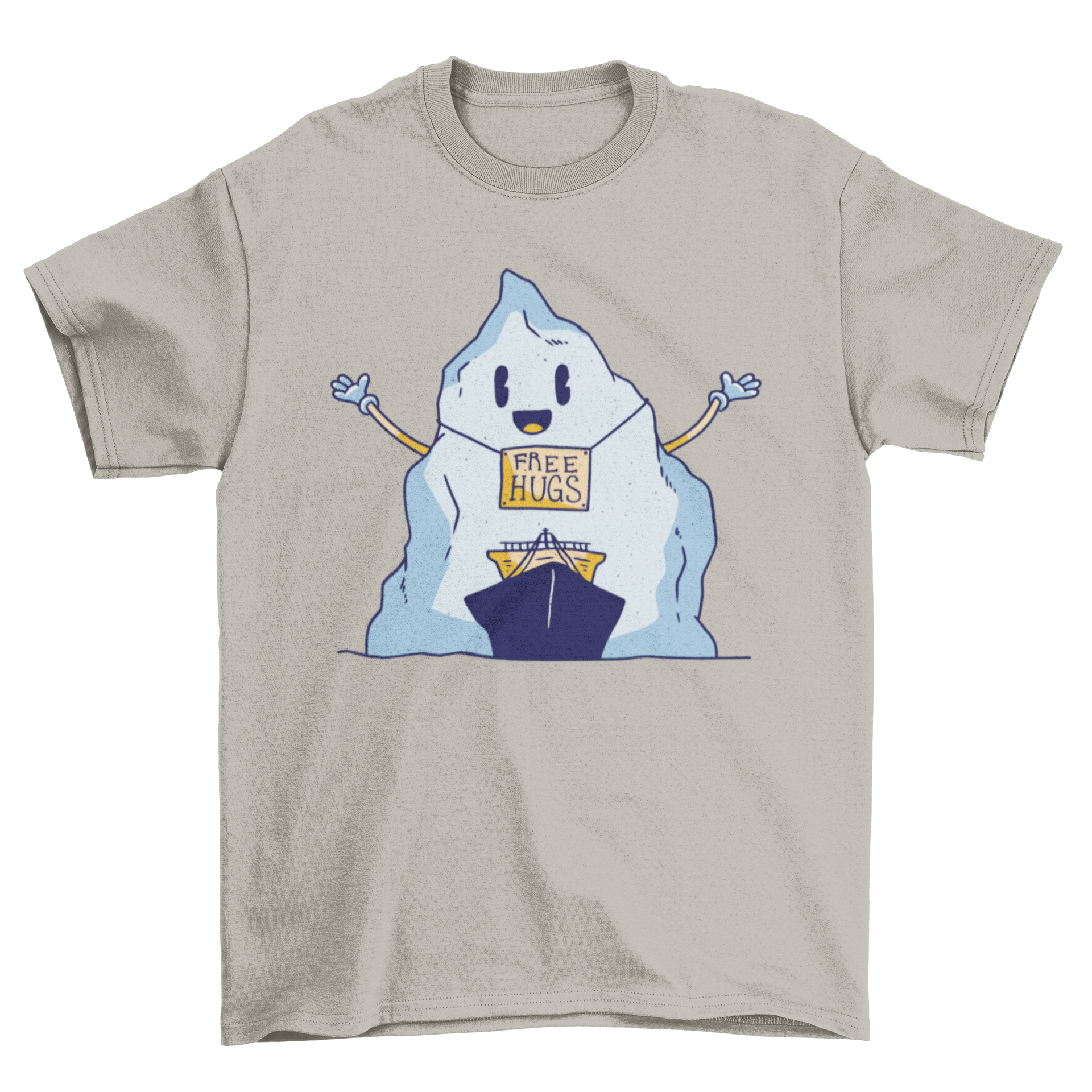 A humorous t-shirt featuring a cartoon iceberg and ship with a sign that says 'Free Hugs', perfect for casual wear.