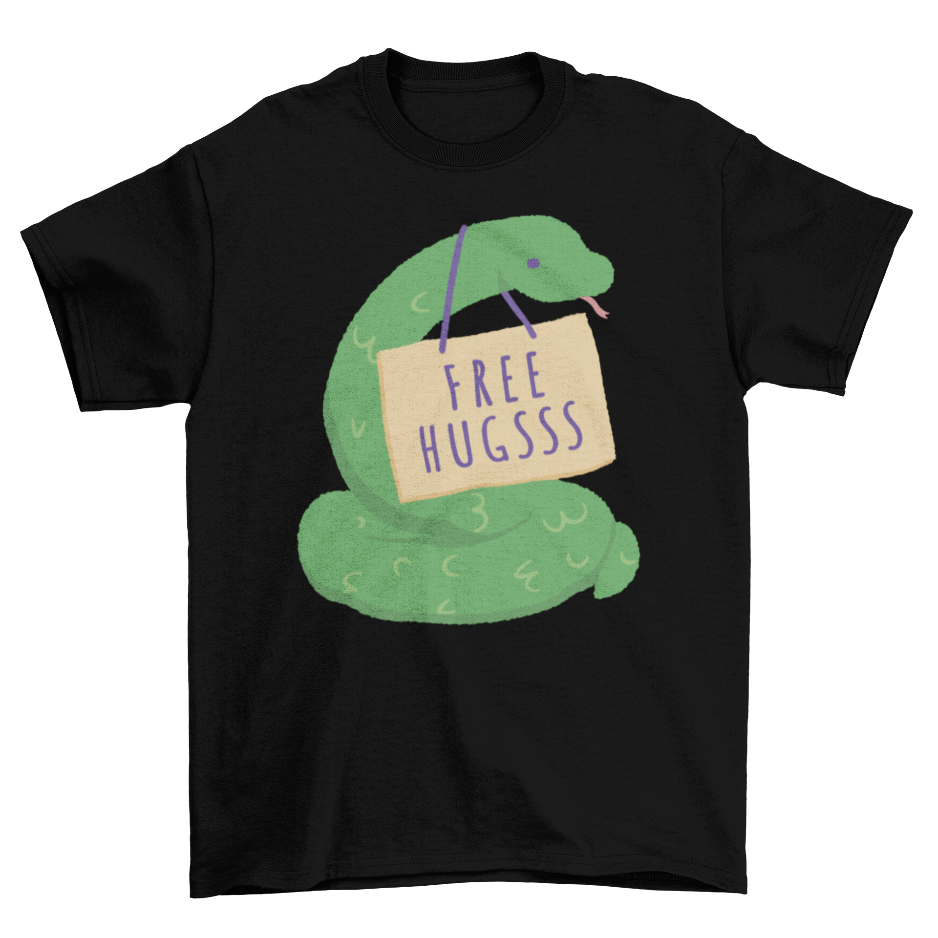 Free Hugs Snake T-shirt featuring a Viking man with arms crossed, showcasing a unique and playful design.