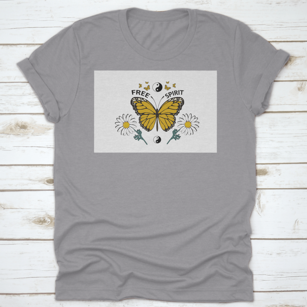 A vibrant yellow butterfly hand-drawn design on a comfortable cotton shirt, showcasing a free-spirited style.