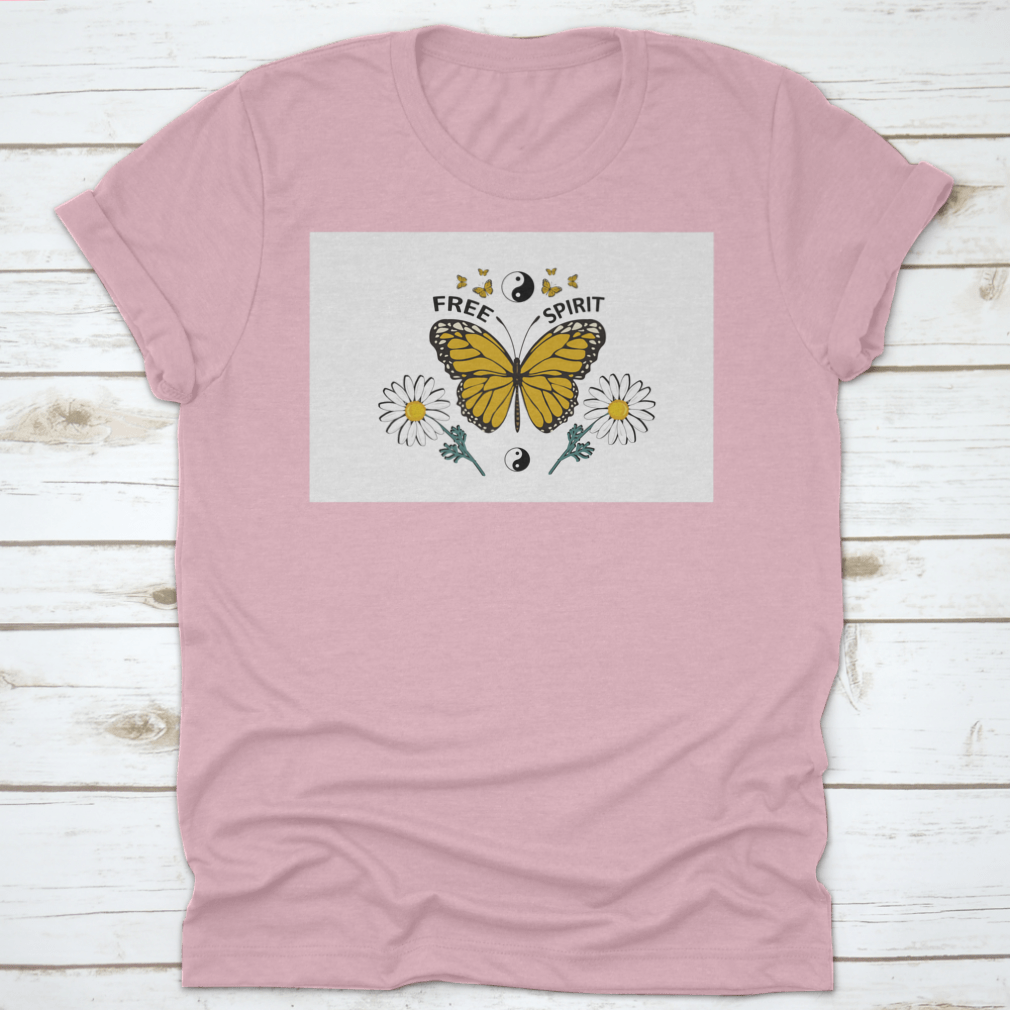 A vibrant yellow butterfly hand-drawn design on a comfortable cotton shirt, showcasing a free-spirited style.