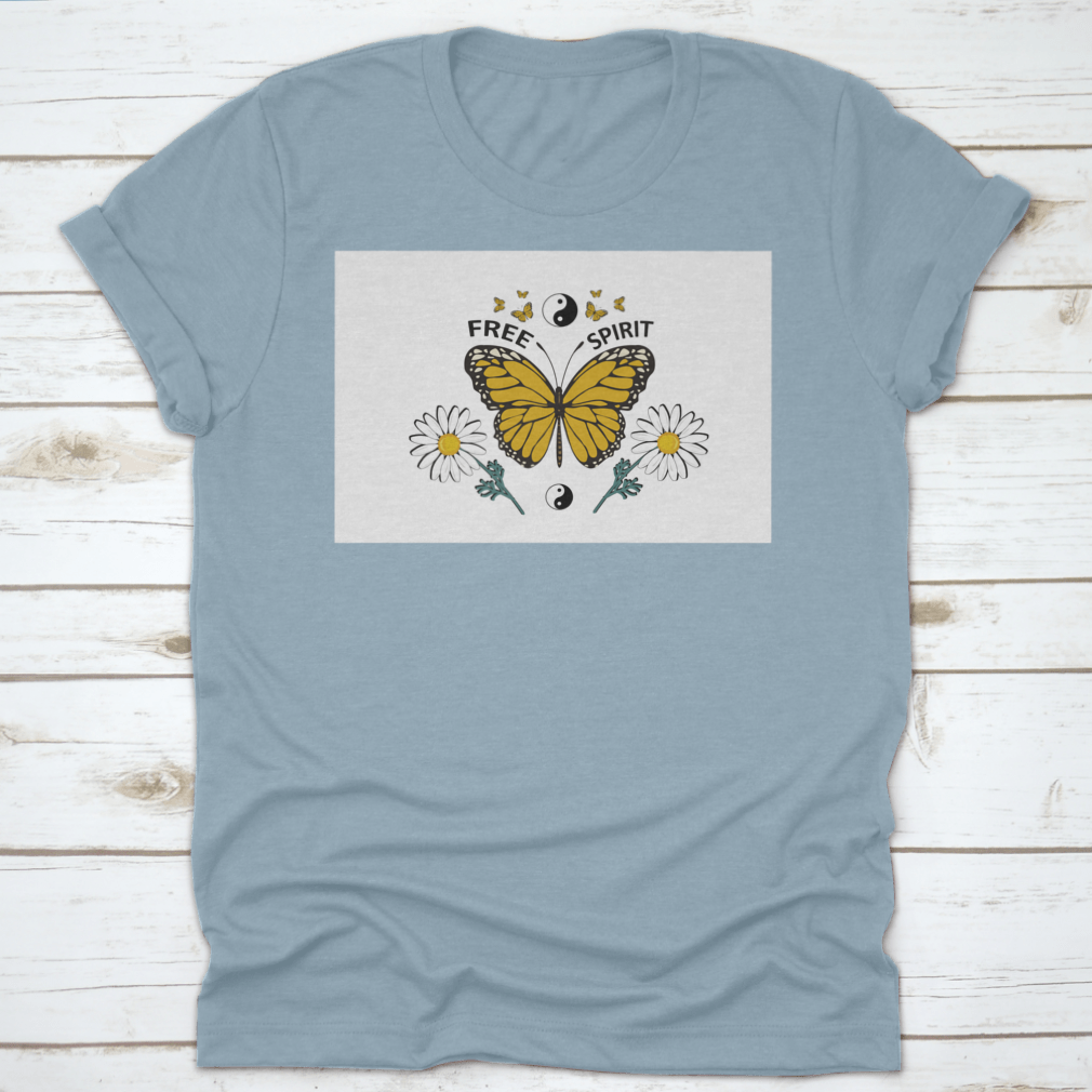 A vibrant yellow butterfly hand-drawn design on a comfortable cotton shirt, showcasing a free-spirited style.