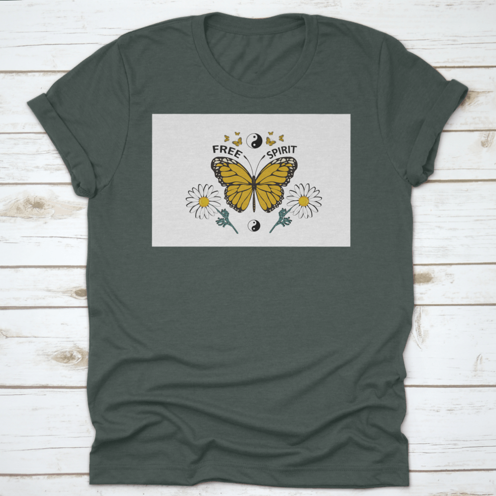 A vibrant yellow butterfly hand-drawn design on a comfortable cotton shirt, showcasing a free-spirited style.