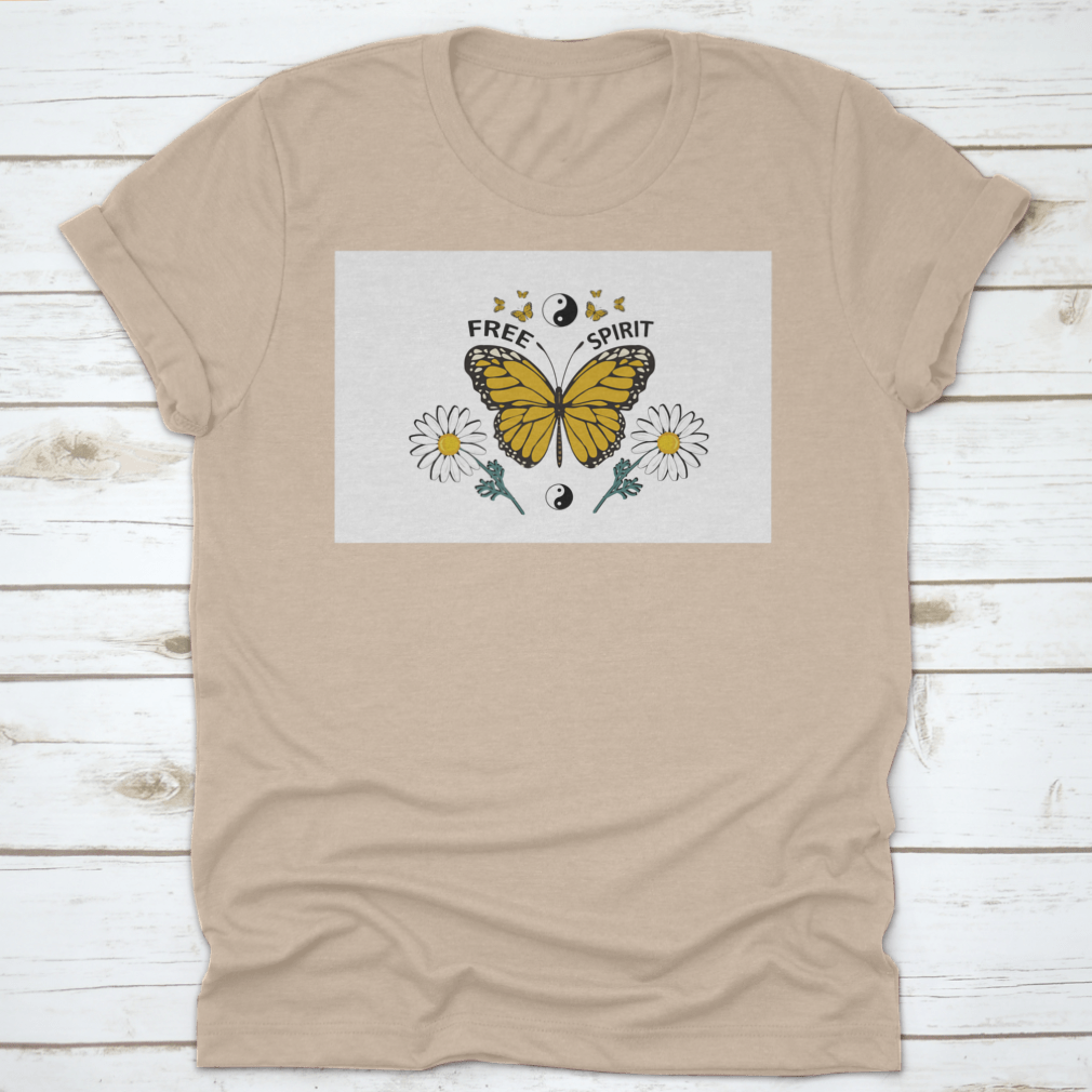 A vibrant yellow butterfly hand-drawn design on a comfortable cotton shirt, showcasing a free-spirited style.