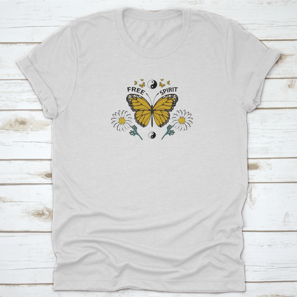 A vibrant yellow butterfly hand-drawn design on a comfortable cotton shirt, showcasing a free-spirited style.