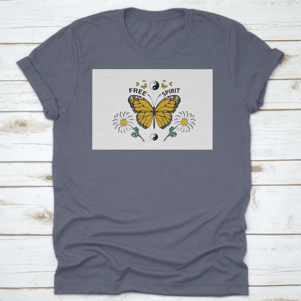 A vibrant yellow butterfly hand-drawn design on a comfortable cotton shirt, showcasing a free-spirited style.