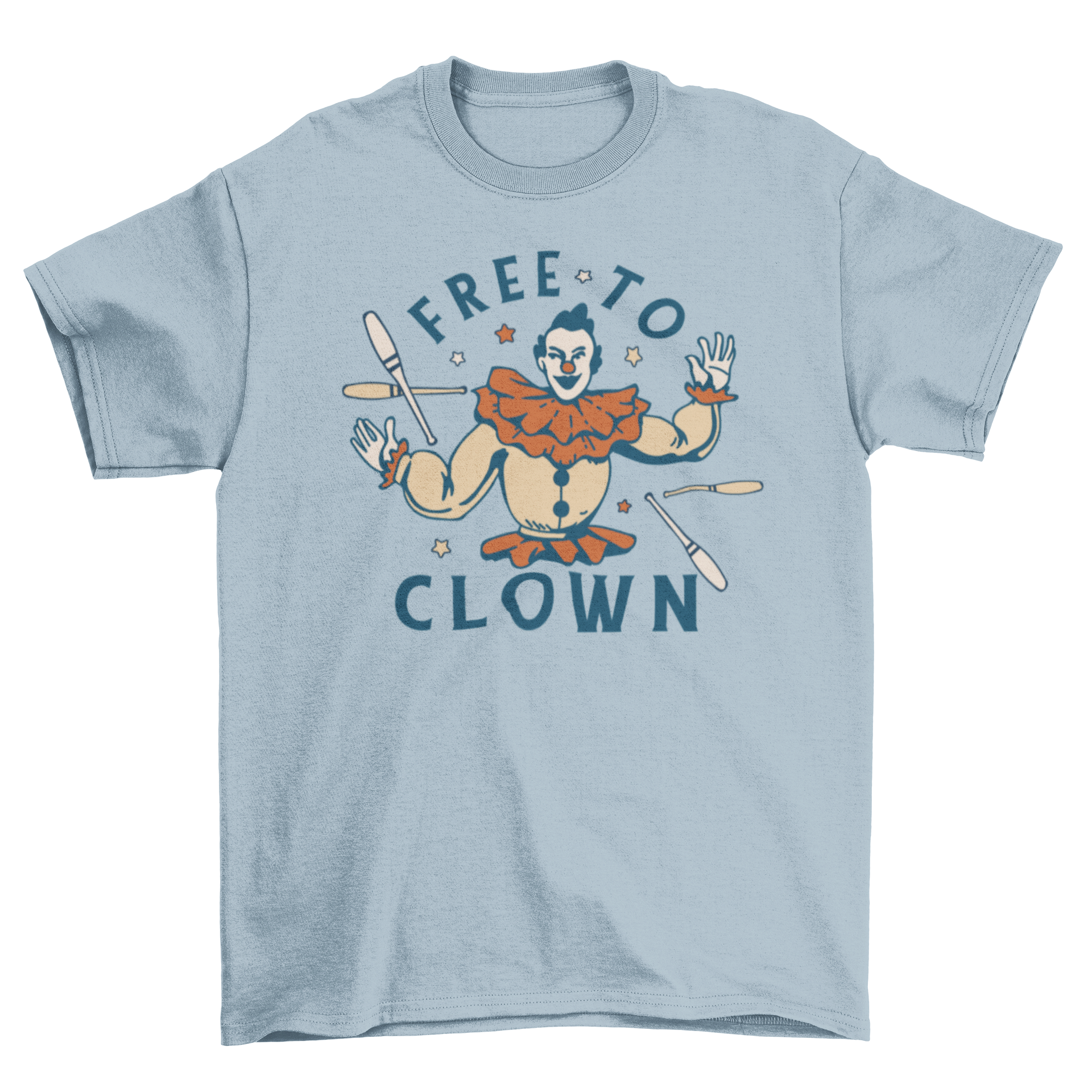 A colorful t-shirt featuring a clown graphic and the quote 'Free to clown', perfect for casual wear.