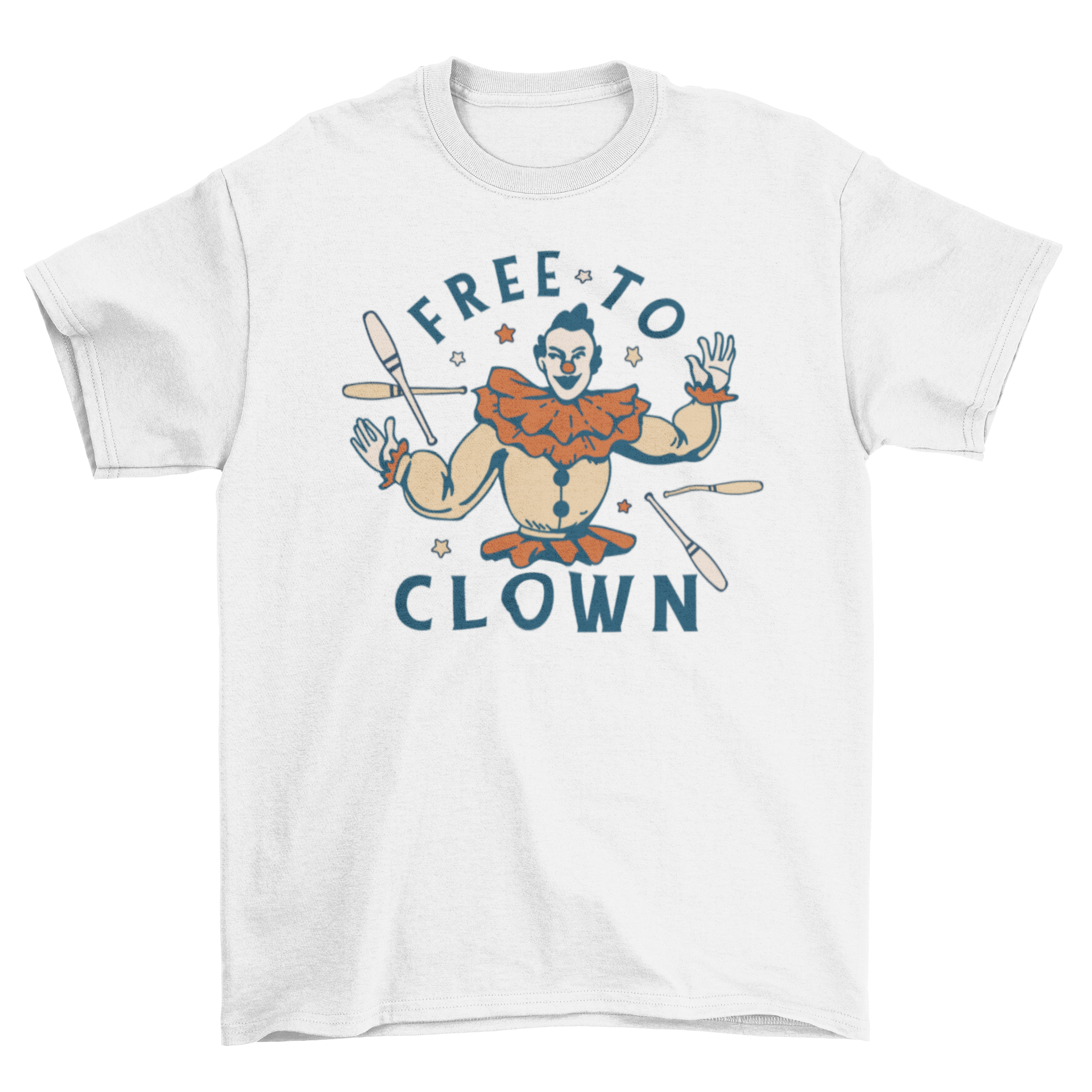 A colorful t-shirt featuring a clown graphic and the quote 'Free to clown', perfect for casual wear.