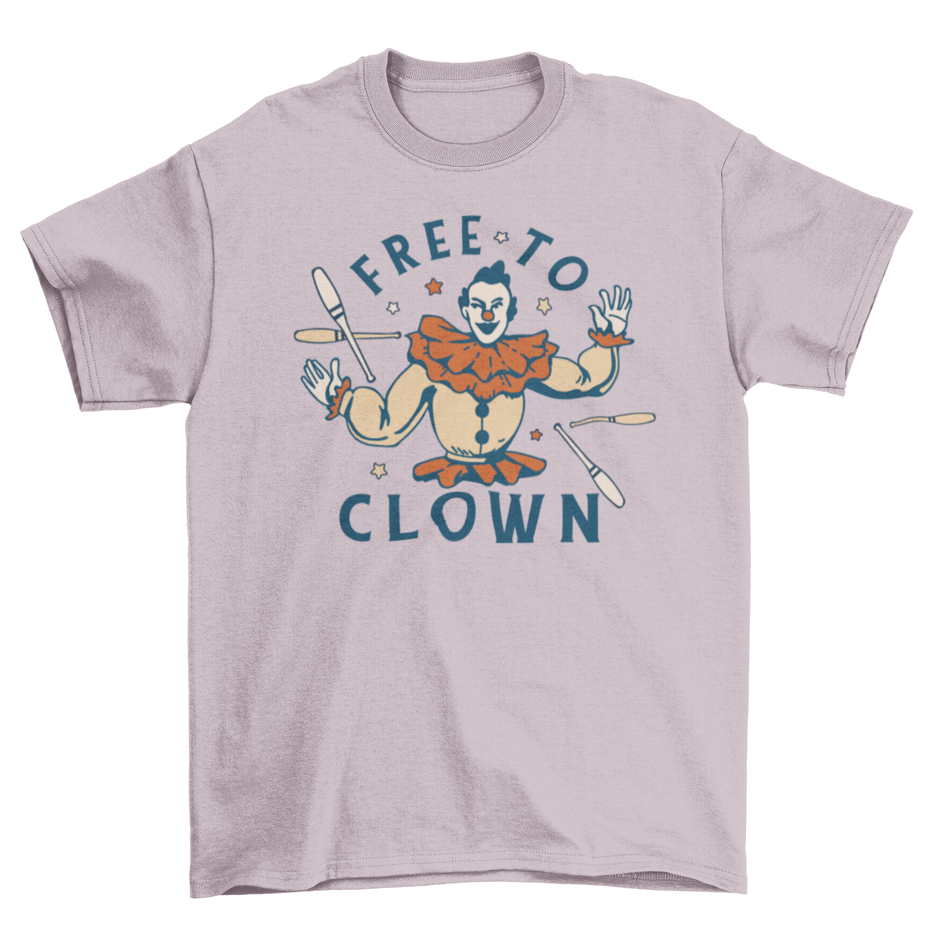 A colorful t-shirt featuring a clown graphic and the quote 'Free to clown', perfect for casual wear.