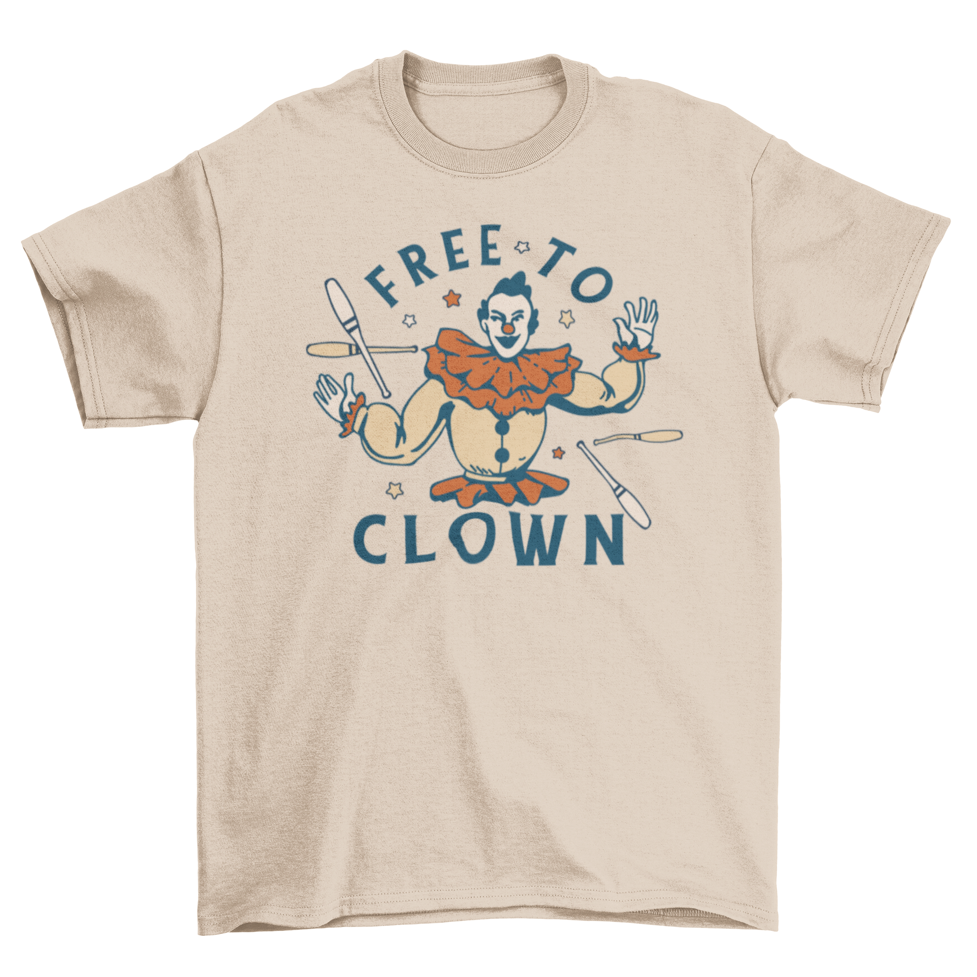 A colorful t-shirt featuring a clown graphic and the quote 'Free to clown', perfect for casual wear.