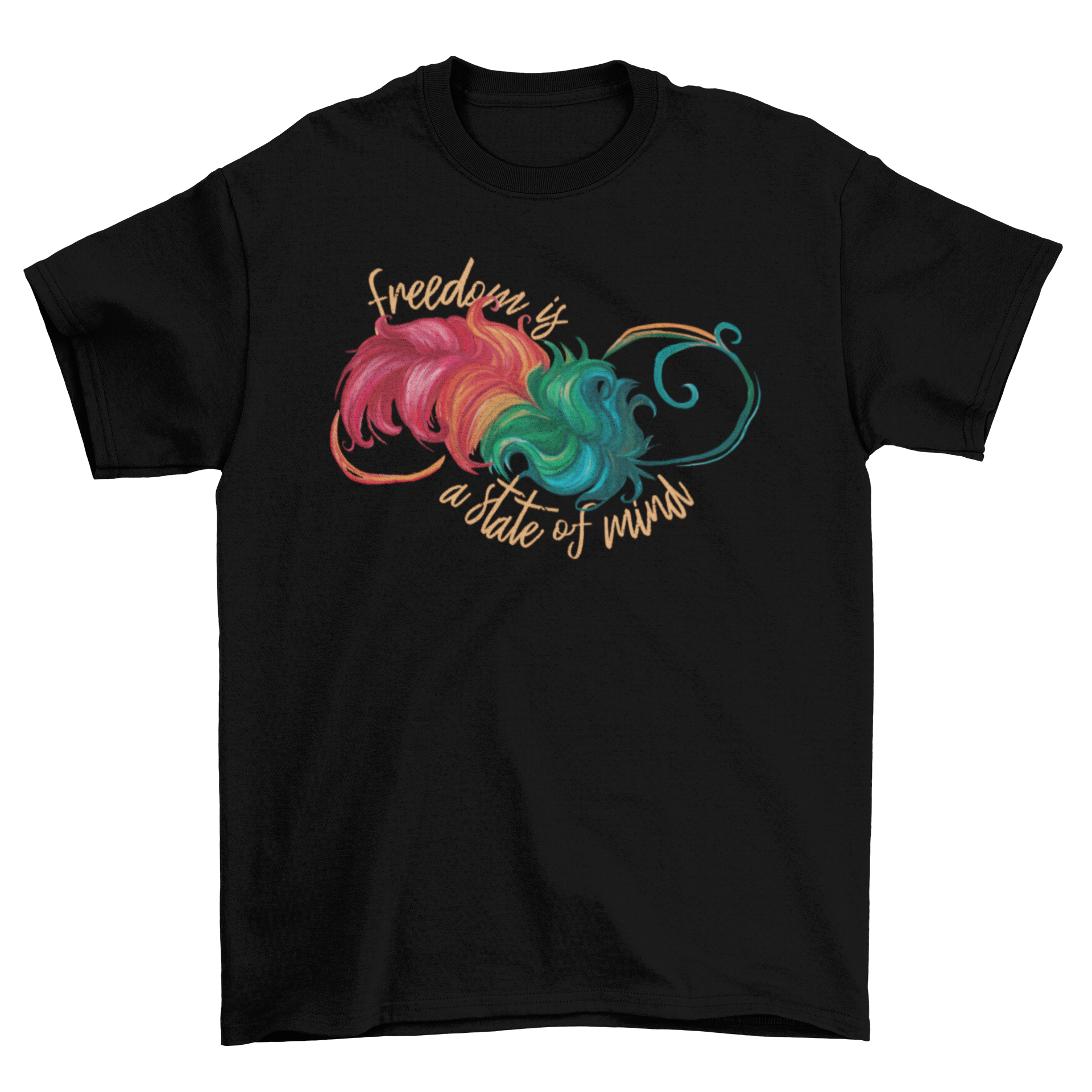 Freedom Infinite Feather T-Shirt featuring a colorful rainbow feather design and the quote 'Freedom is a state of mind'.