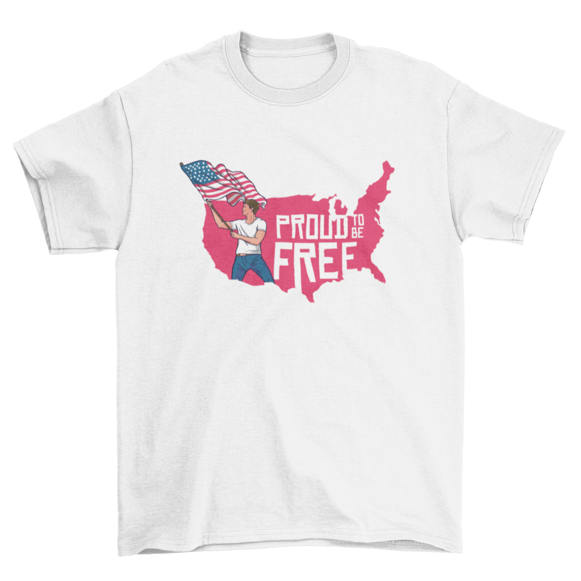 Freedom Pride T-shirt featuring a USA map and a man waving a USA flag with the text PROUD TO BE FREE.