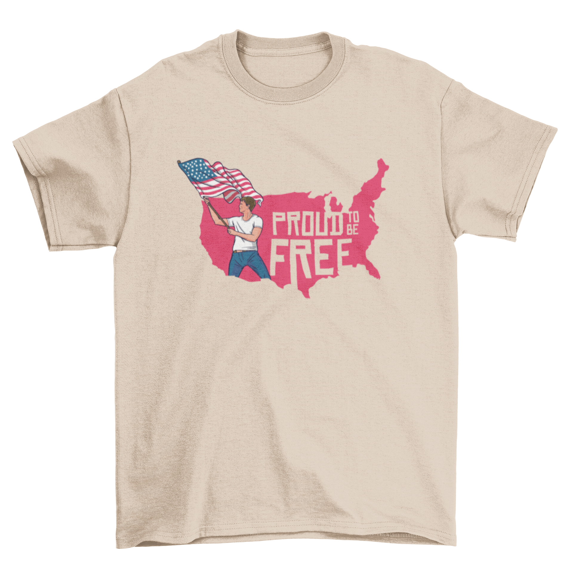 Freedom Pride T-shirt featuring a USA map and a man waving a USA flag with the text PROUD TO BE FREE.