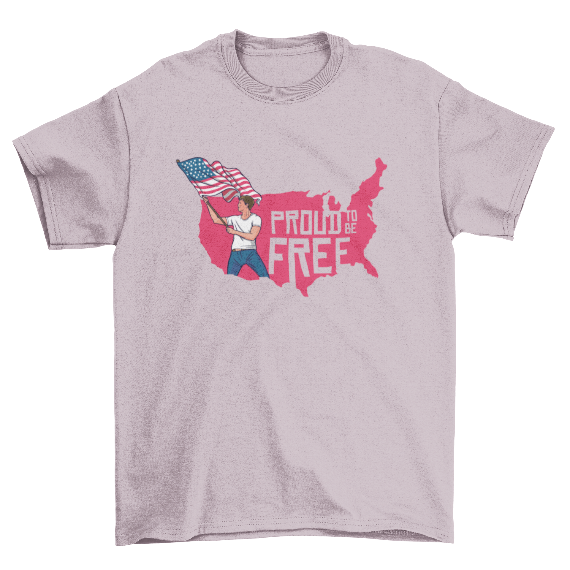 Freedom Pride T-shirt featuring a USA map and a man waving a USA flag with the text PROUD TO BE FREE.