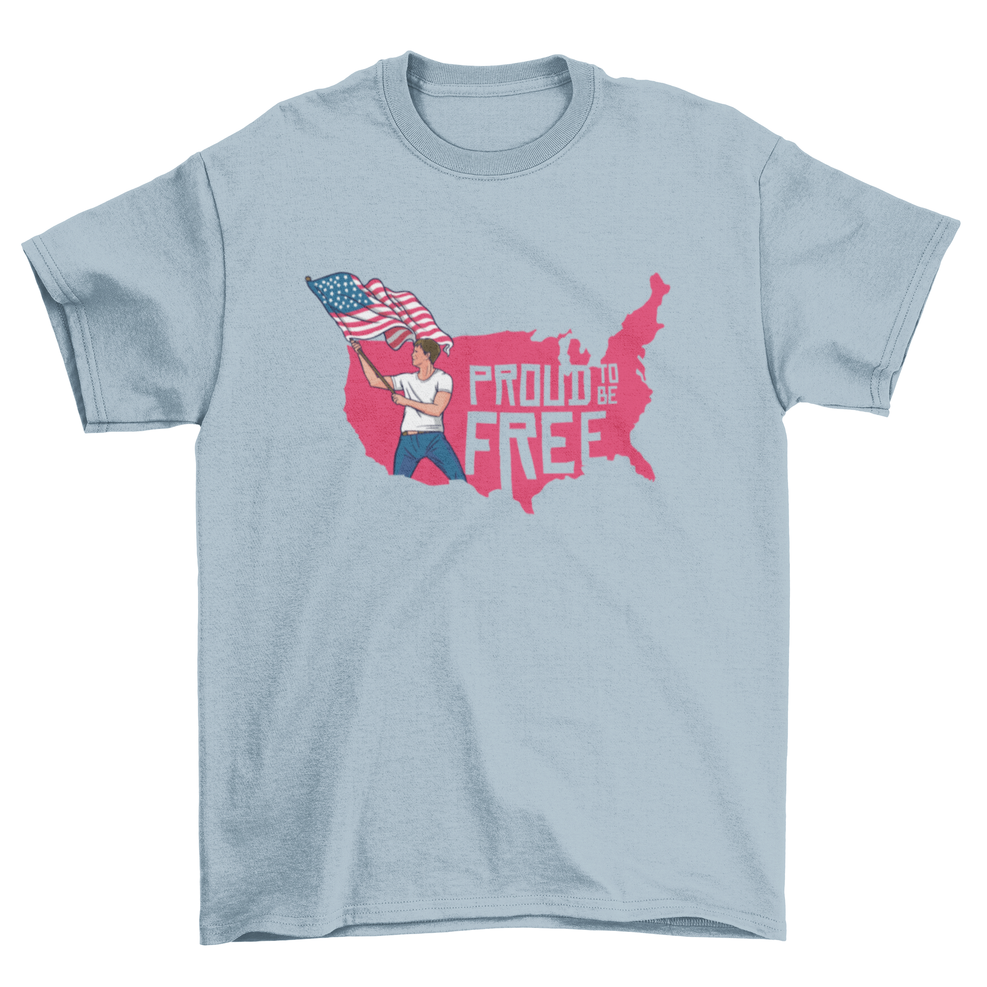 Freedom Pride T-shirt featuring a USA map and a man waving a USA flag with the text PROUD TO BE FREE.