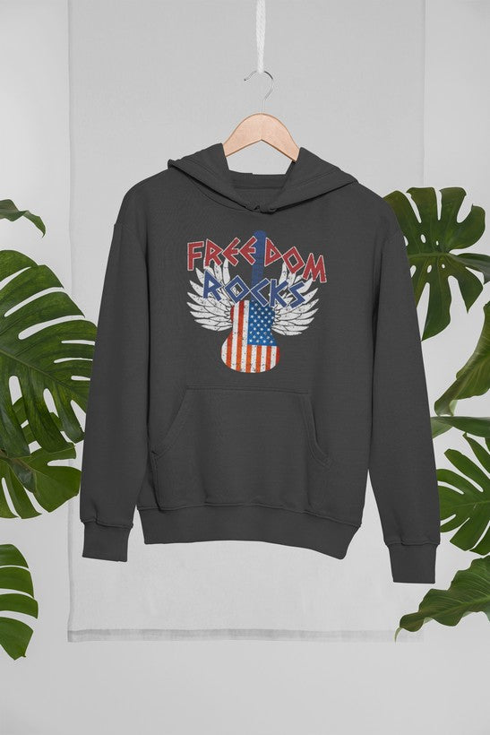 A stylish Freedom Rocks Hoodie featuring unique artistic designs, made from a warm cotton/poly fleece blend.