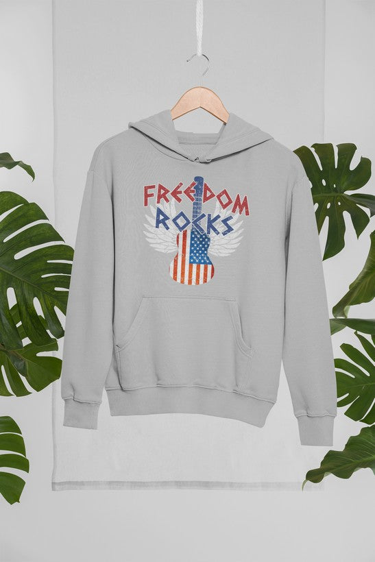 A stylish Freedom Rocks Hoodie featuring unique artistic designs, made from a warm cotton/poly fleece blend.