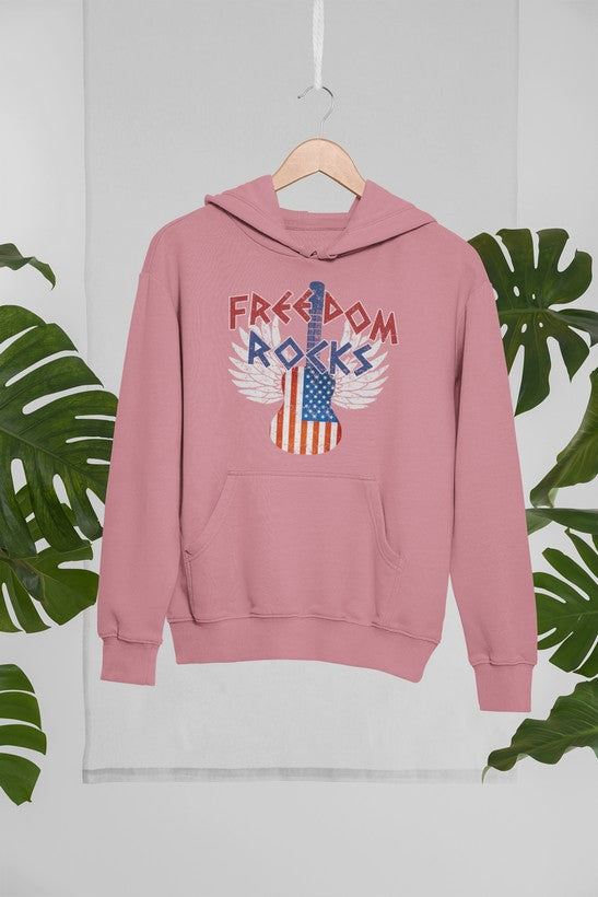 A stylish Freedom Rocks Hoodie featuring unique artistic designs, made from a warm cotton/poly fleece blend.