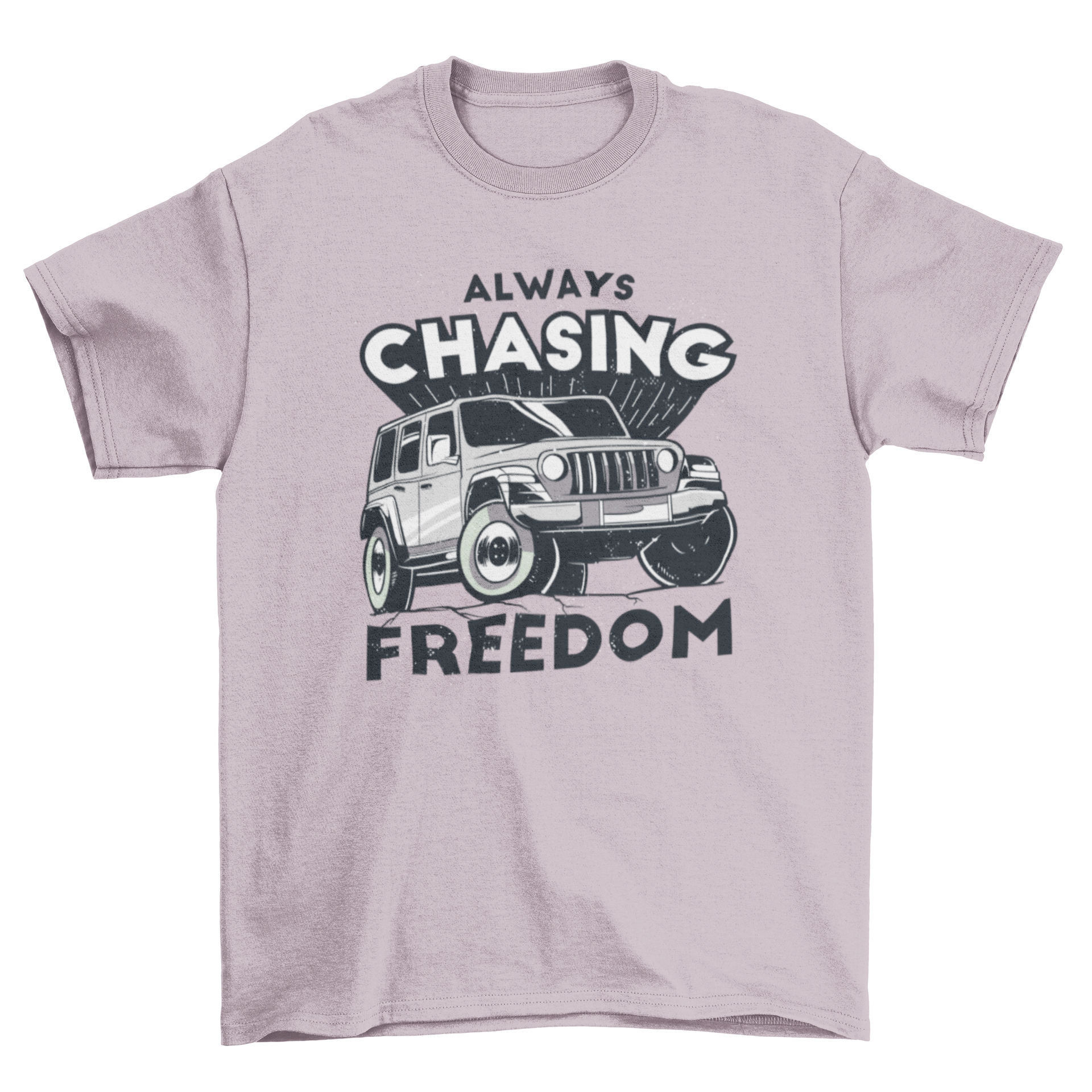 Freedom truck quote t-shirt featuring an all-terrain truck design and the quote 'Always chasing freedom'.