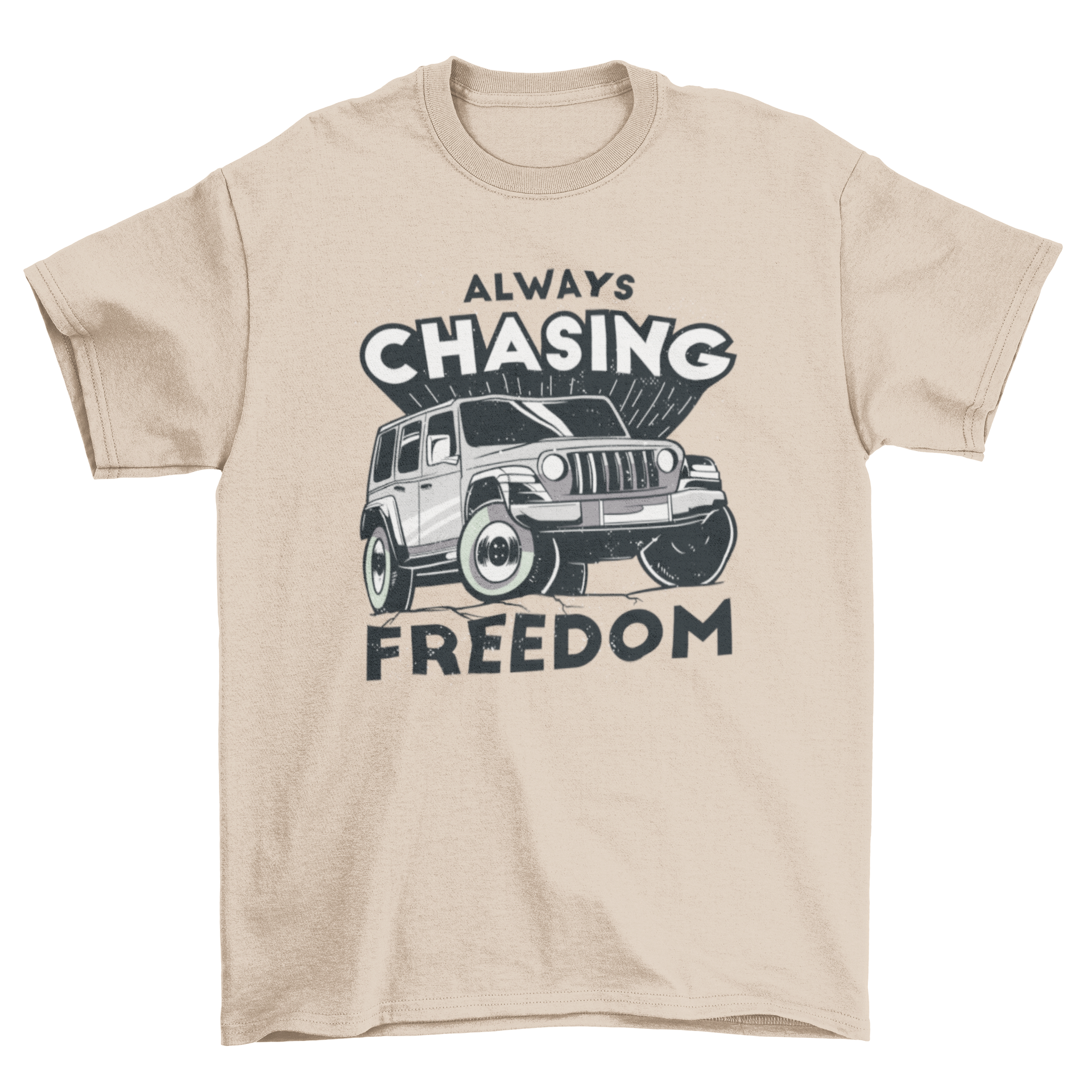 Freedom truck quote t-shirt featuring an all-terrain truck design and the quote 'Always chasing freedom'.