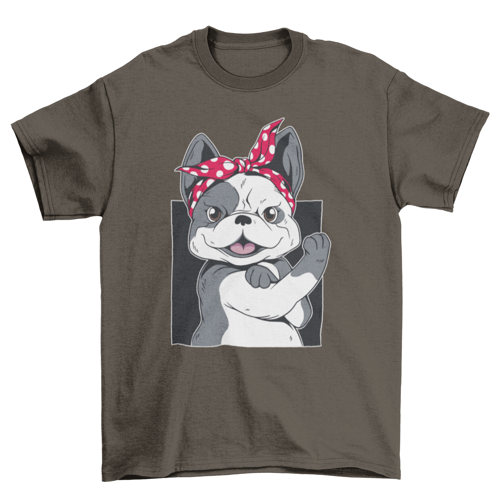 A stylish T-shirt featuring a female French Bulldog illustration mimicking the We Can Do It poster.