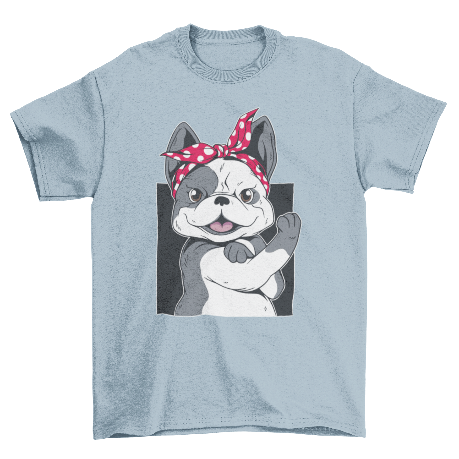 A stylish T-shirt featuring a female French Bulldog illustration mimicking the We Can Do It poster.