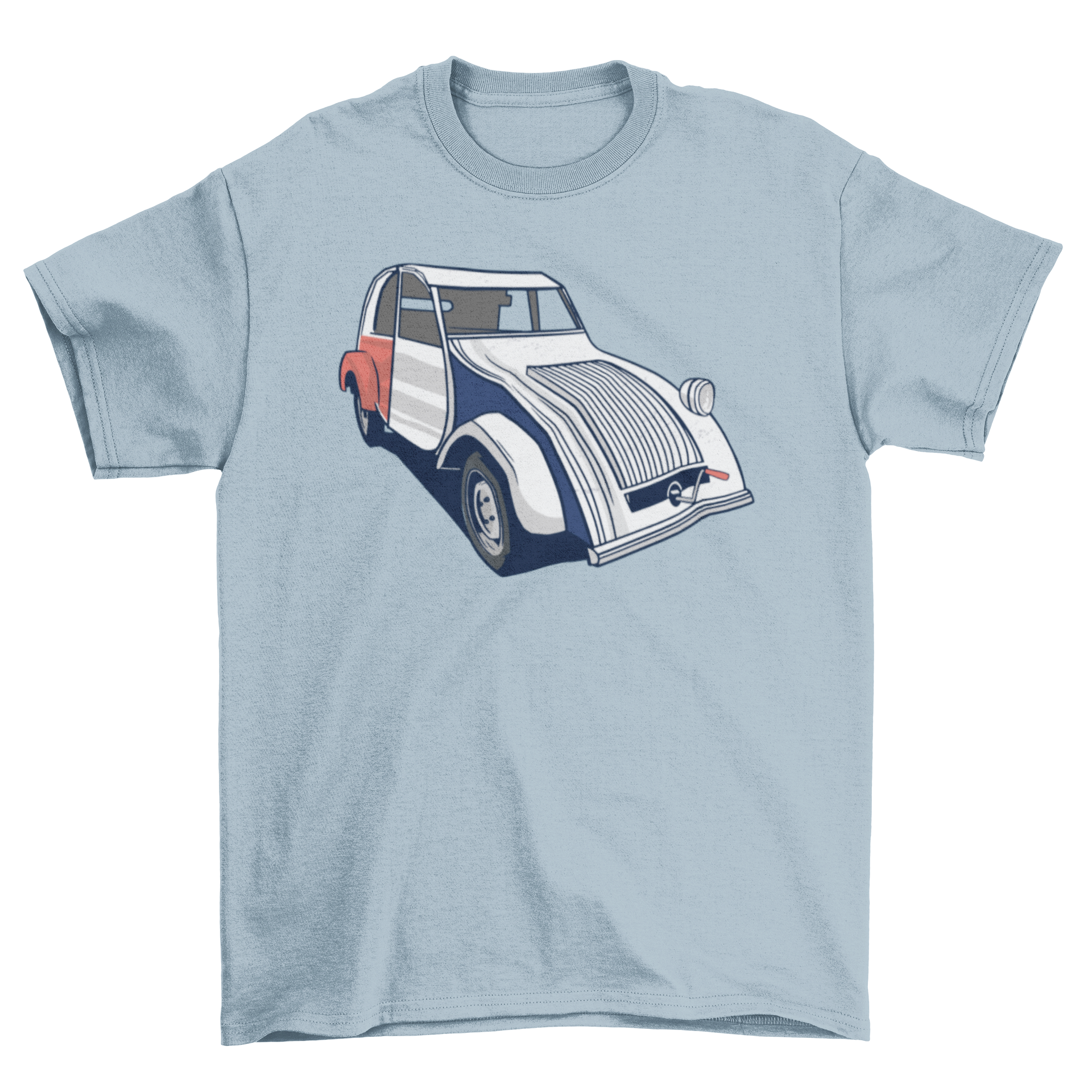 A stylish t-shirt featuring a vintage car illustration in the colors of the French flag, perfect for car enthusiasts.