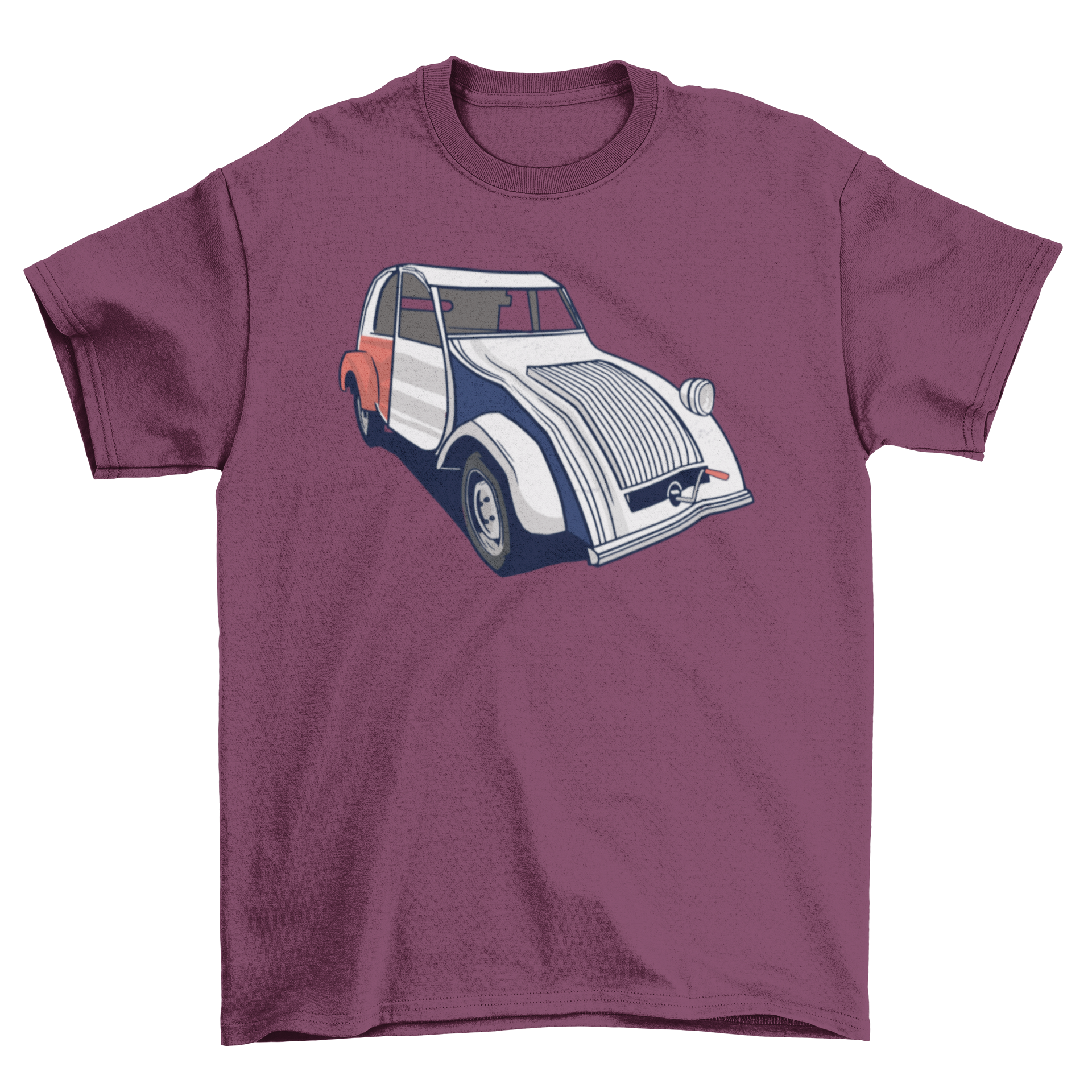 A stylish t-shirt featuring a vintage car illustration in the colors of the French flag, perfect for car enthusiasts.