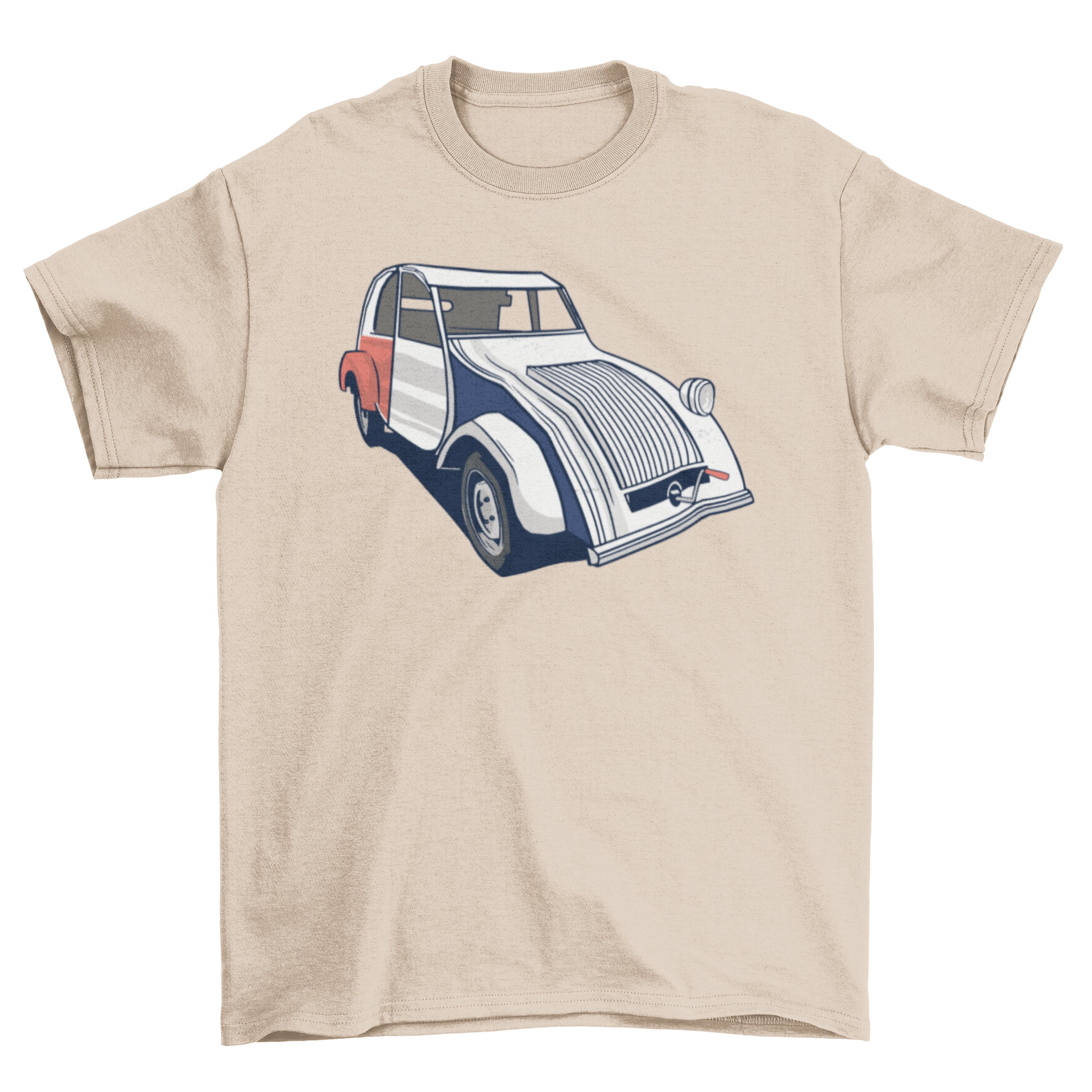 A stylish t-shirt featuring a vintage car illustration in the colors of the French flag, perfect for car enthusiasts.