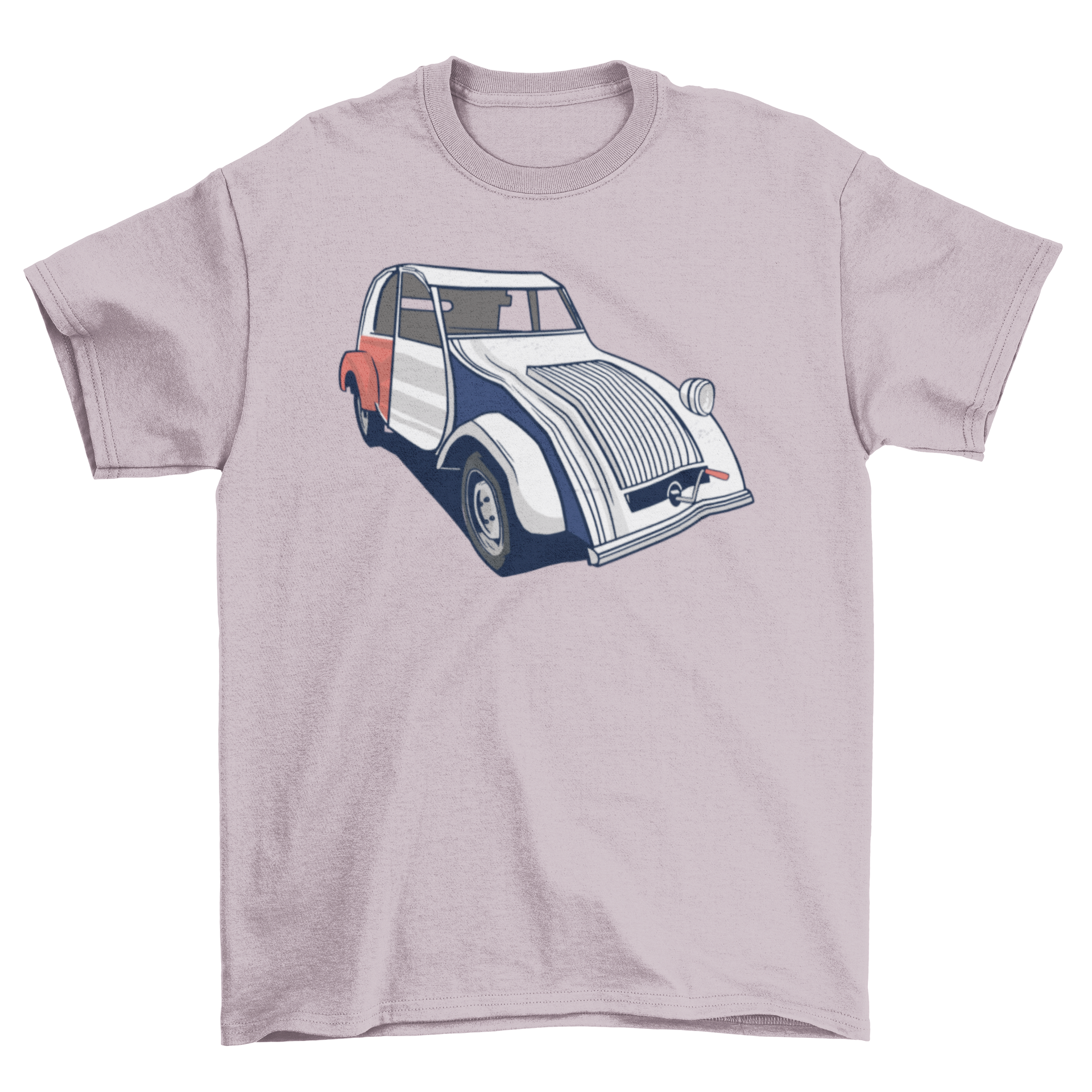 A stylish t-shirt featuring a vintage car illustration in the colors of the French flag, perfect for car enthusiasts.