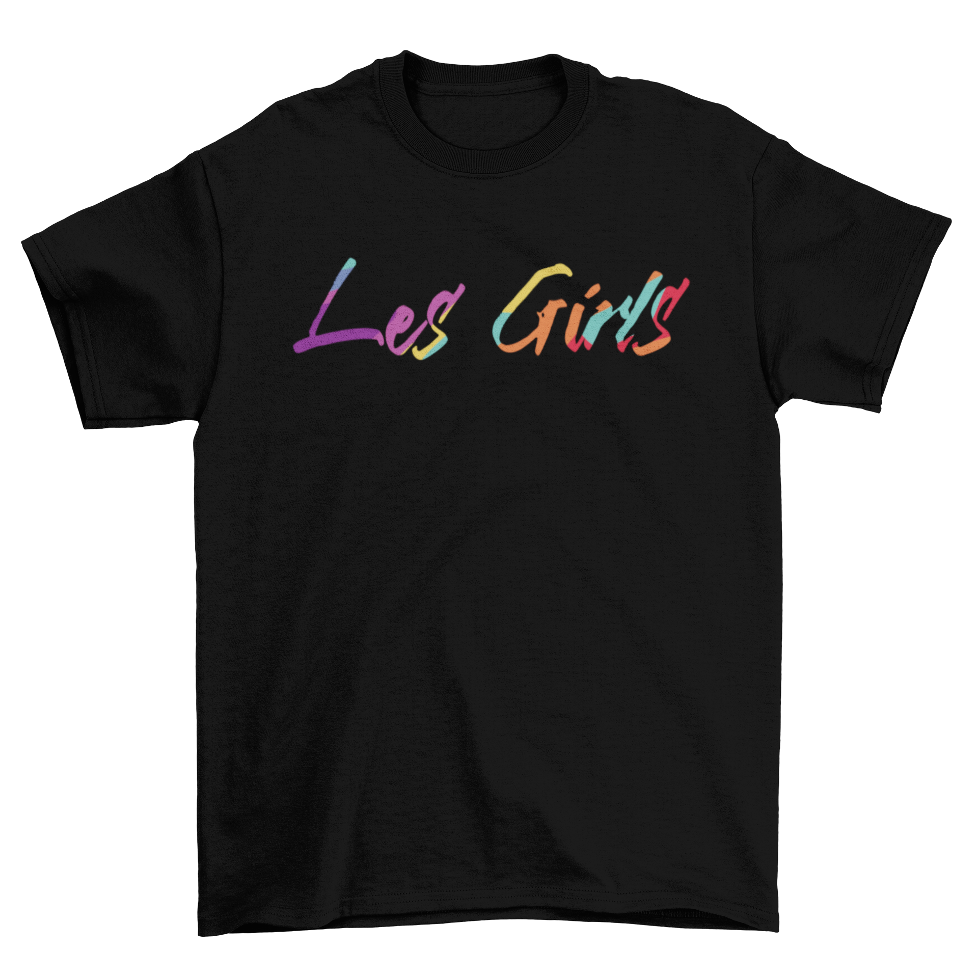 French Girls Quote T-shirt with rainbow lettering saying 'Les Girls', showcasing vibrant colors and stylish design.