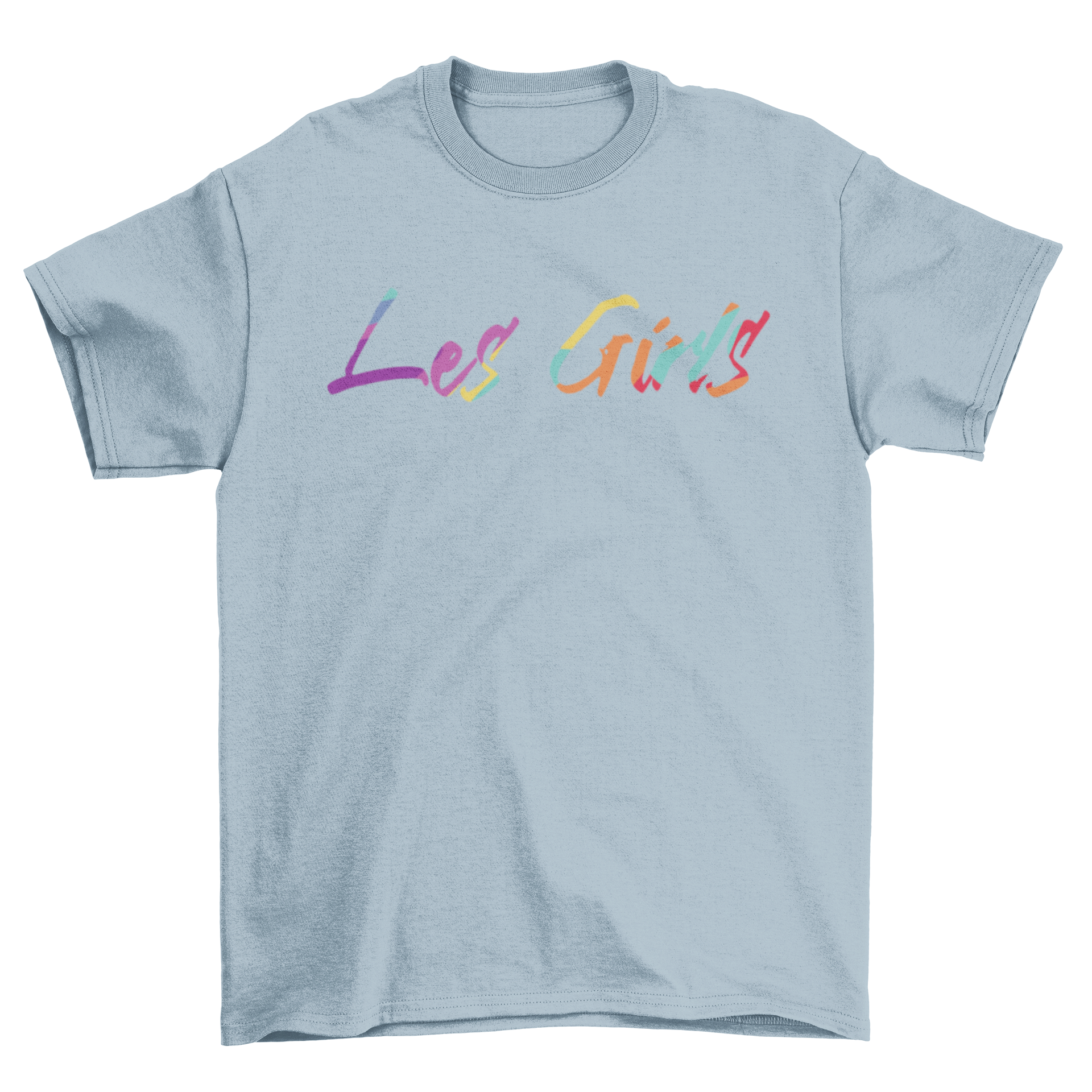 French Girls Quote T-shirt with rainbow lettering saying 'Les Girls', showcasing vibrant colors and stylish design.