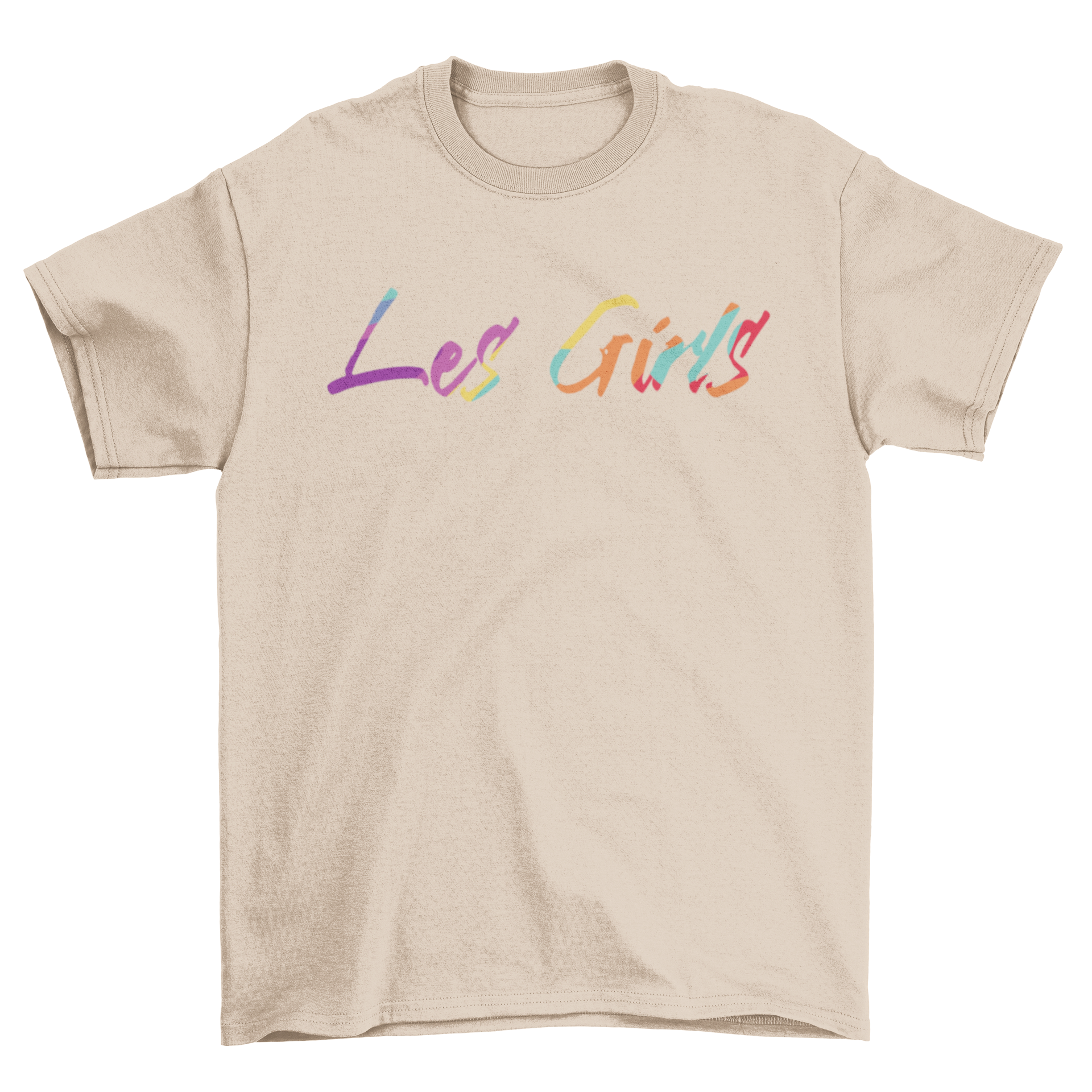 French Girls Quote T-shirt with rainbow lettering saying 'Les Girls', showcasing vibrant colors and stylish design.