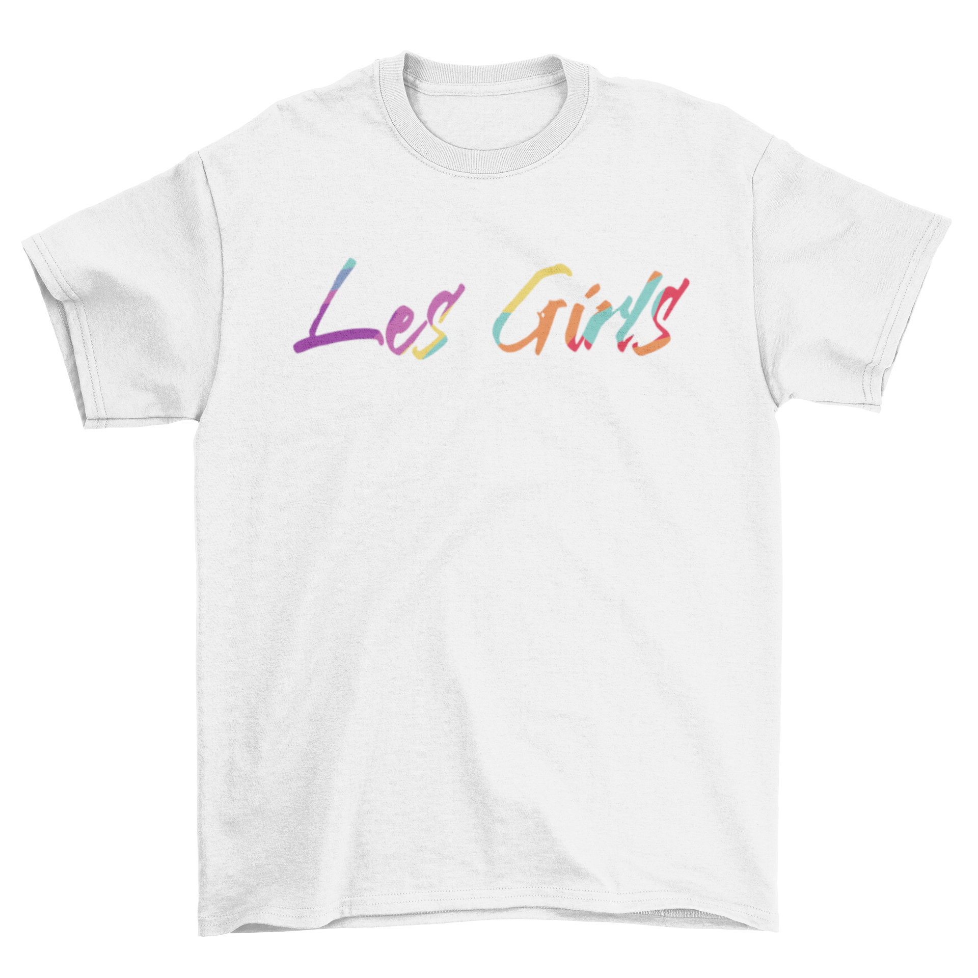 French Girls Quote T-shirt with rainbow lettering saying 'Les Girls', showcasing vibrant colors and stylish design.