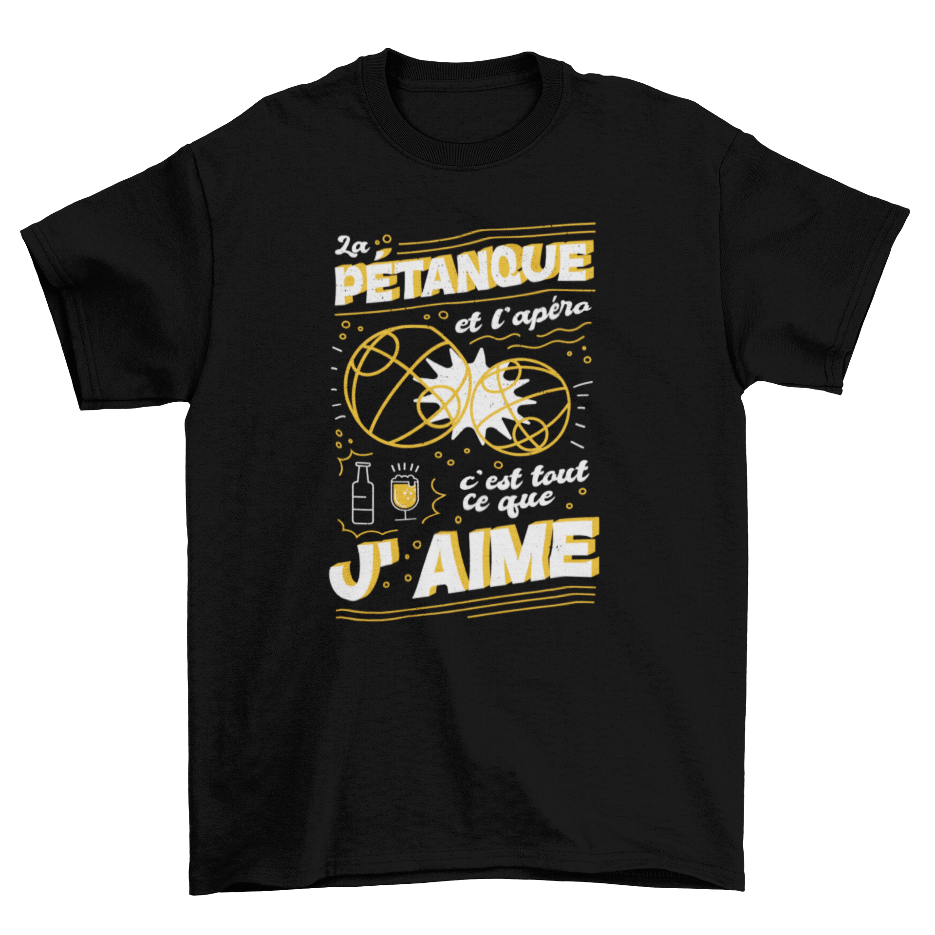 A stylish t-shirt featuring a French quote about petanque and appetizers, perfect for enthusiasts.