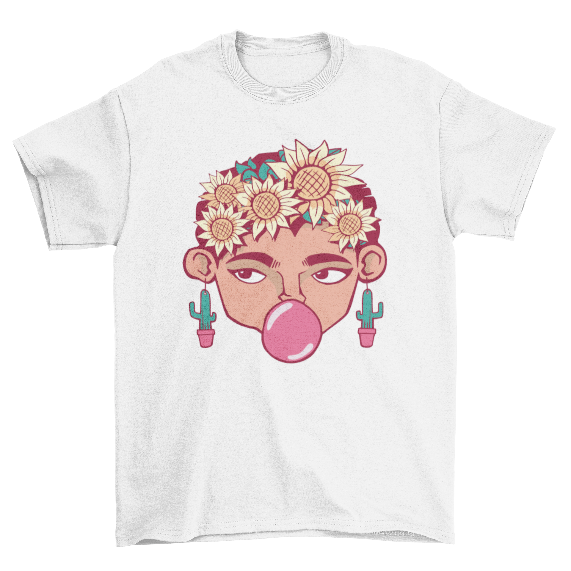 Frida Cartoon T-shirt featuring a colorful cartoon design of Frida Kahlo, showcasing her iconic style.