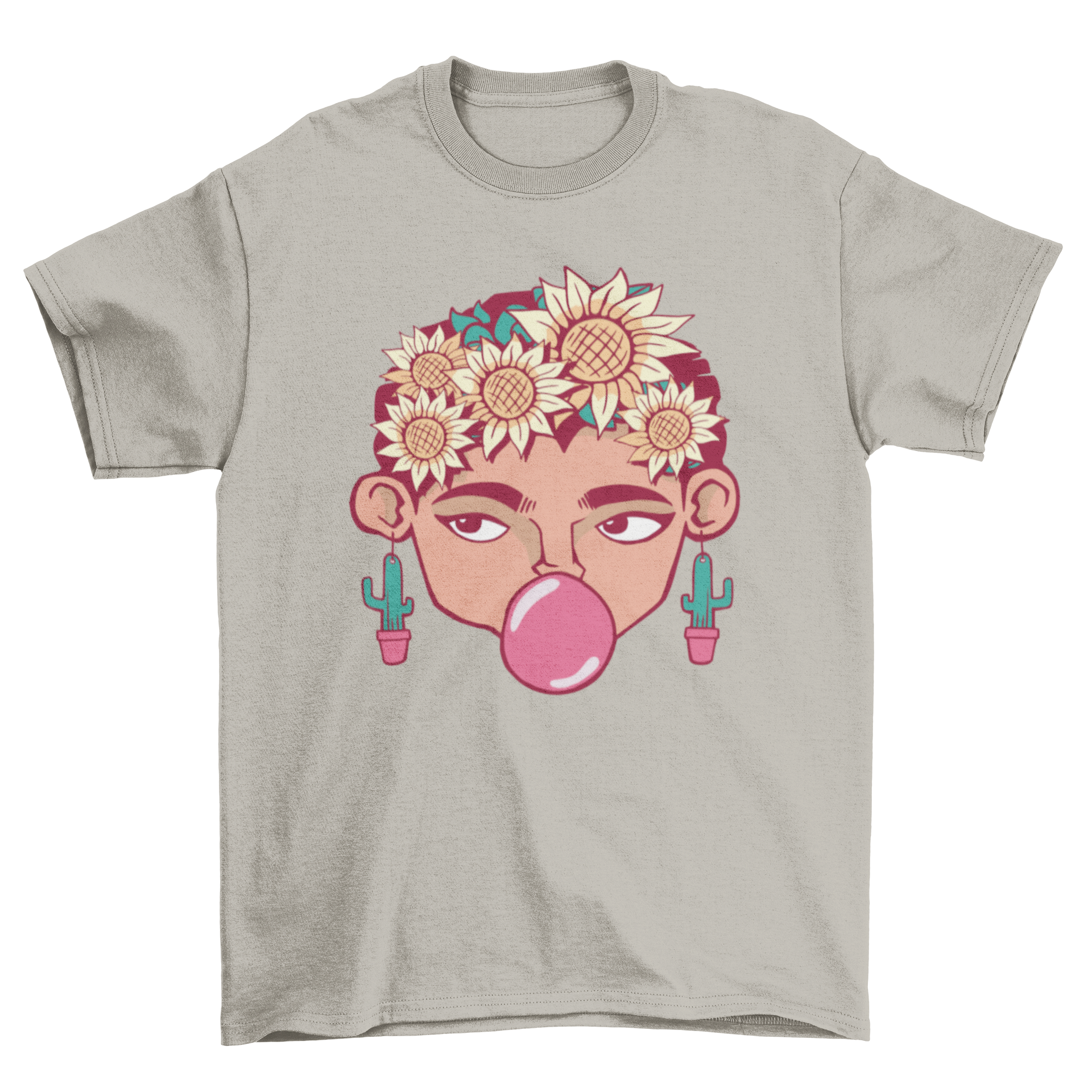 Frida Cartoon T-shirt featuring a colorful cartoon design of Frida Kahlo, showcasing her iconic style.