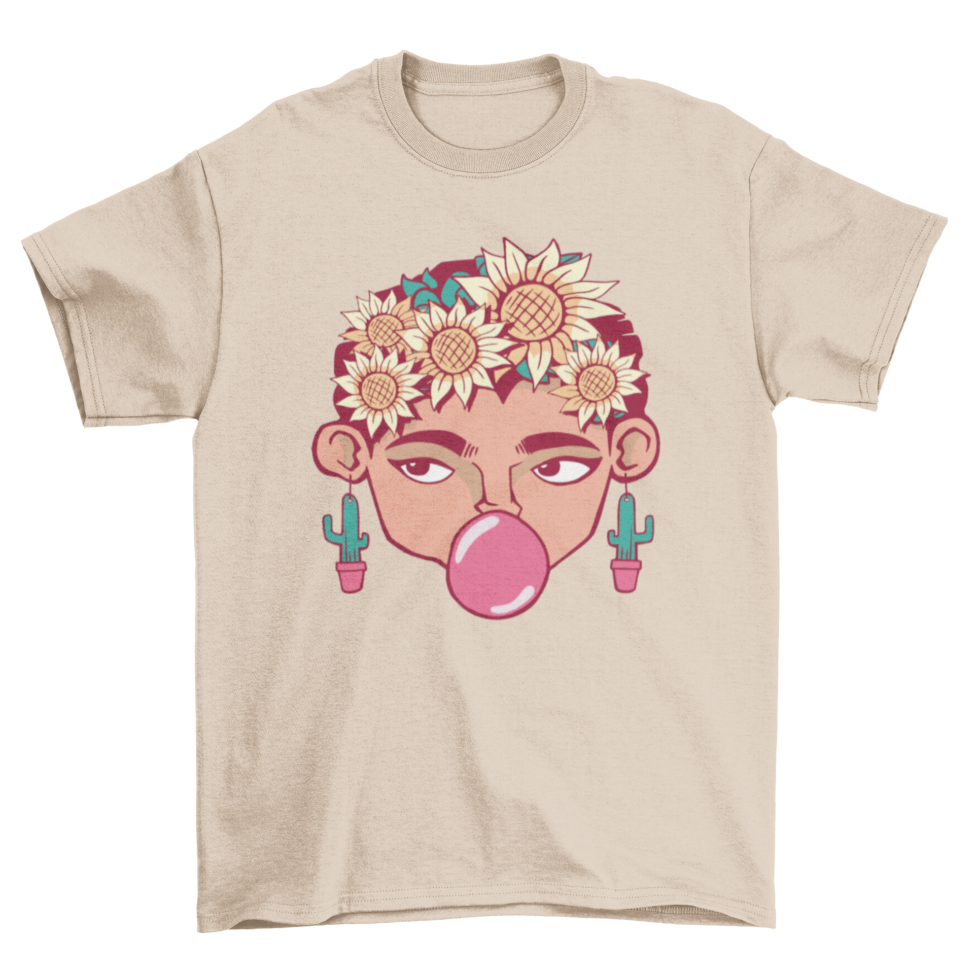 Frida Cartoon T-shirt featuring a colorful cartoon design of Frida Kahlo, showcasing her iconic style.