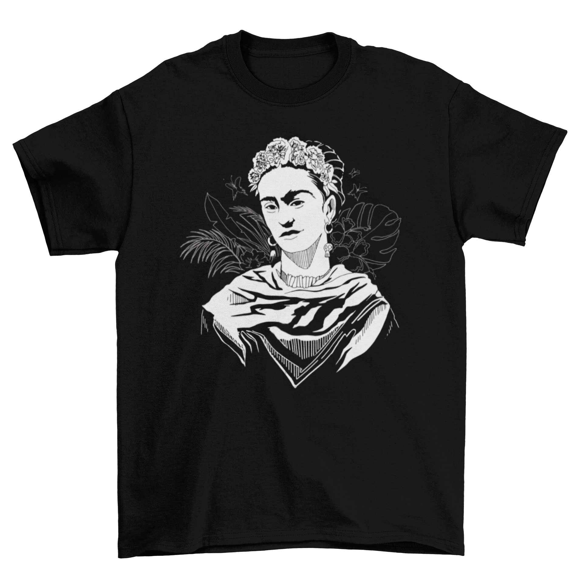 Frida Kahlo black and white t-shirt featuring chalk style design with plants.