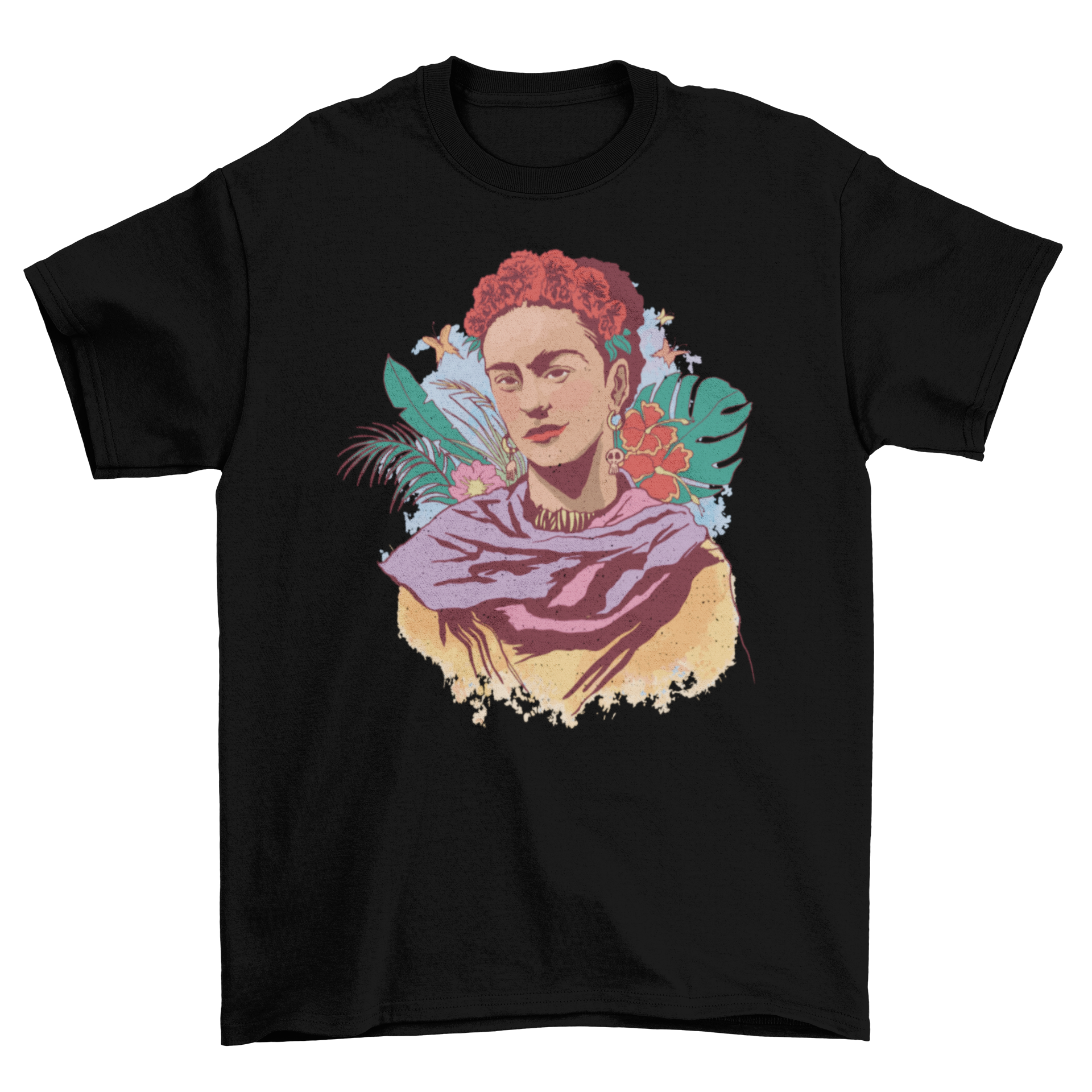 A vibrant t-shirt featuring a full-color portrait of Frida Kahlo, showcasing her iconic style and artistic spirit.