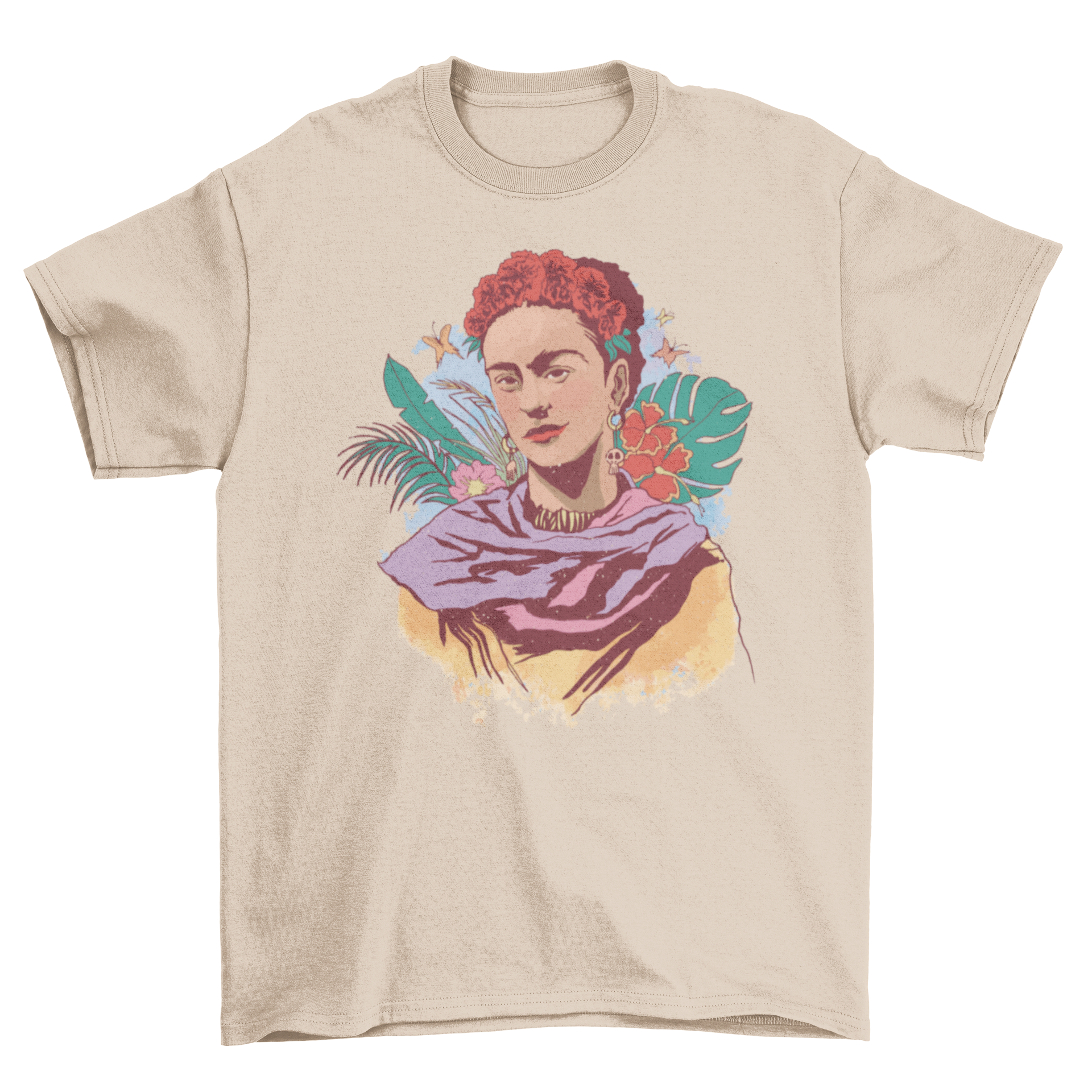 A vibrant t-shirt featuring a full-color portrait of Frida Kahlo, showcasing her iconic style and artistic spirit.