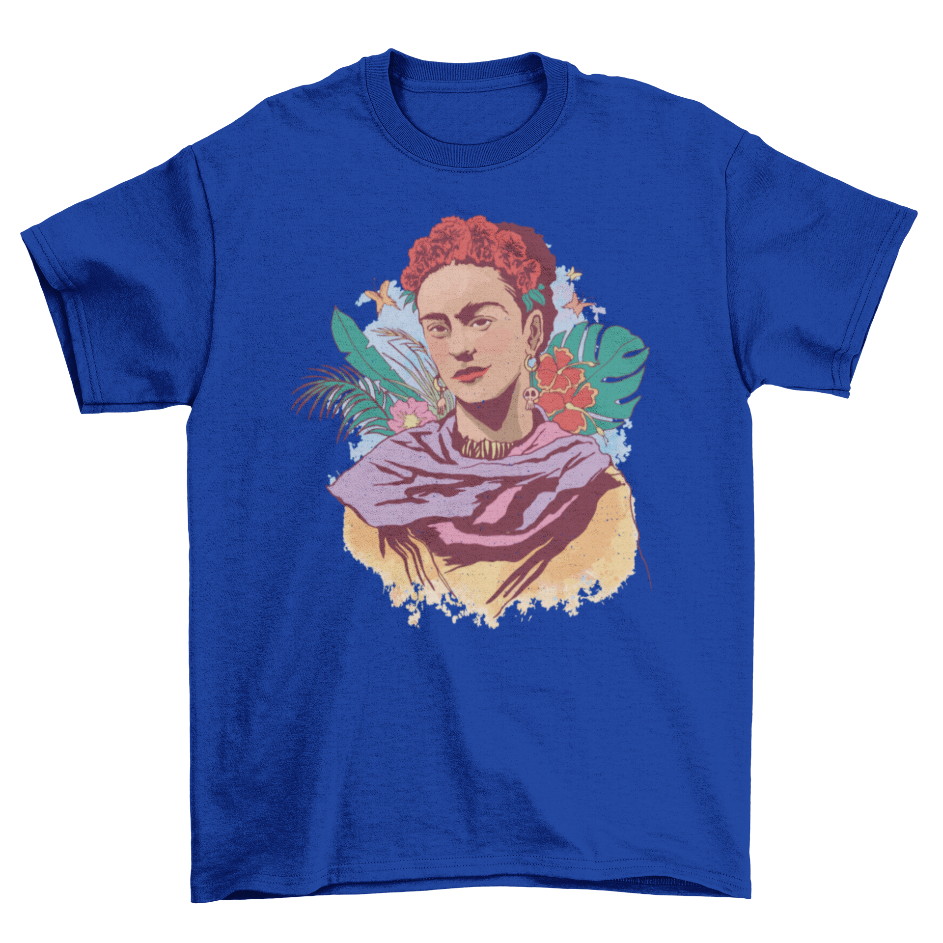 A vibrant t-shirt featuring a full-color portrait of Frida Kahlo, showcasing her iconic style and artistic spirit.